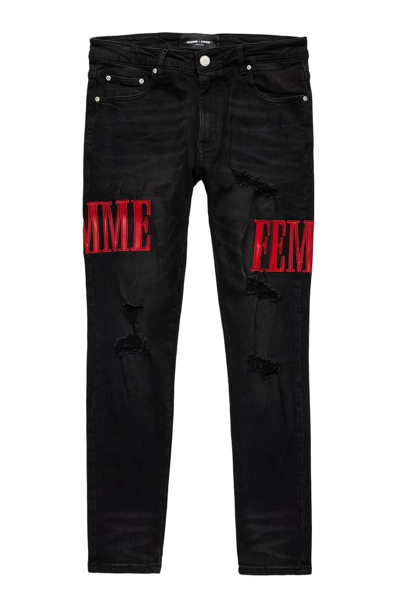 Homme+Femme Jeans - Letterman Denim - Black With Red - HFSP202181