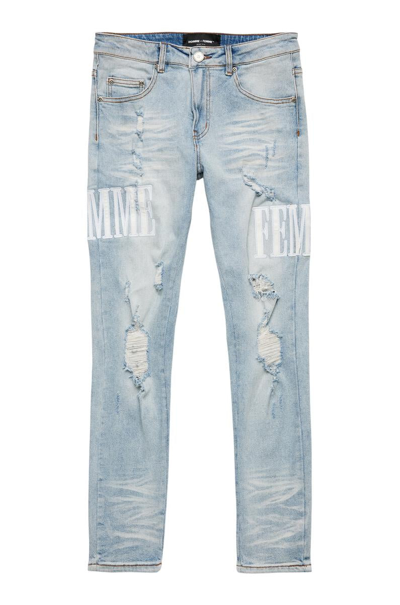 Homme+Femme Jeans - Letterman  - Blue With White - HFSP202181