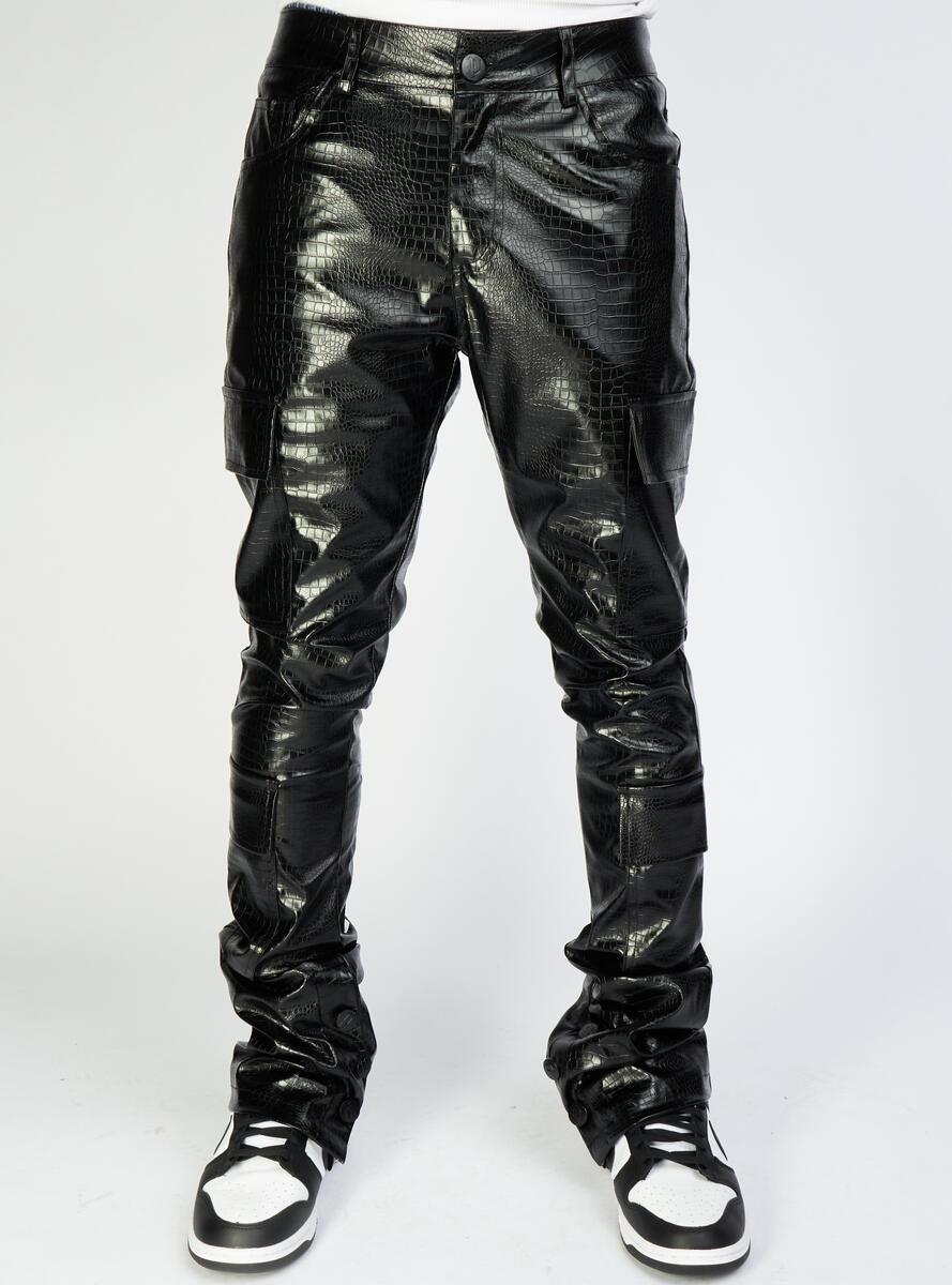 Politics Jeans - Harris - Alligator Leather Stacked Flare with Embroidery - Black And White  - 561