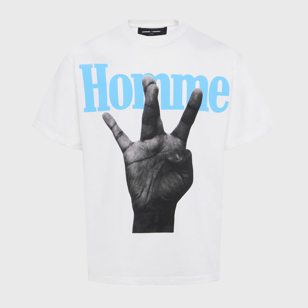 Homme+Femme T-Shirt - Twisted Fingers Tee - White with Baby Blue - ATONCE2311