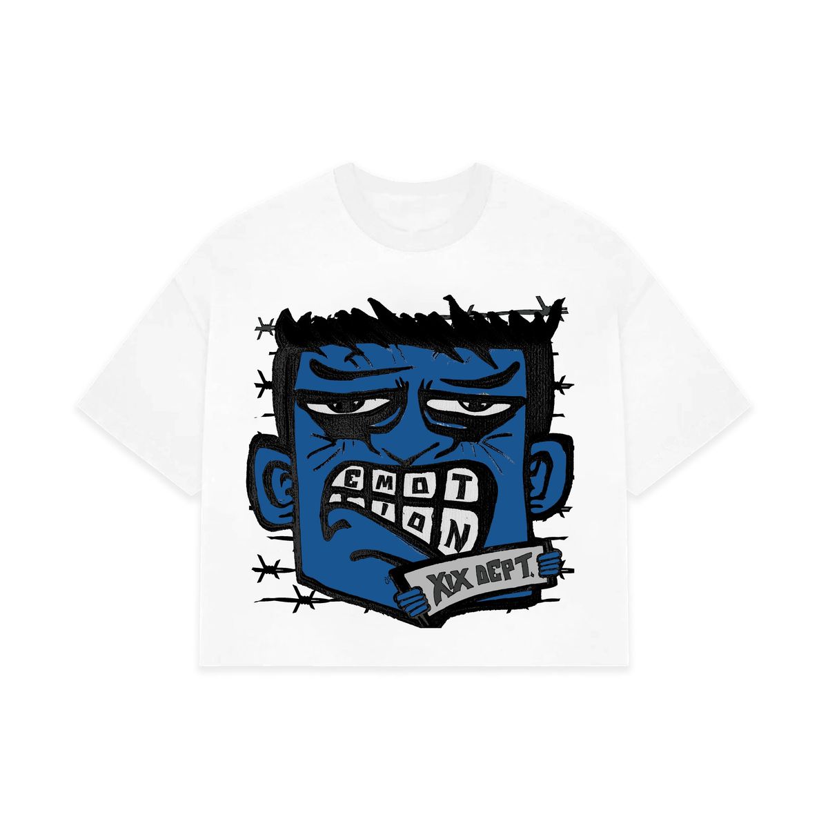 Mixed Emotion T-Shirt - Blue Monster Cropped - White
