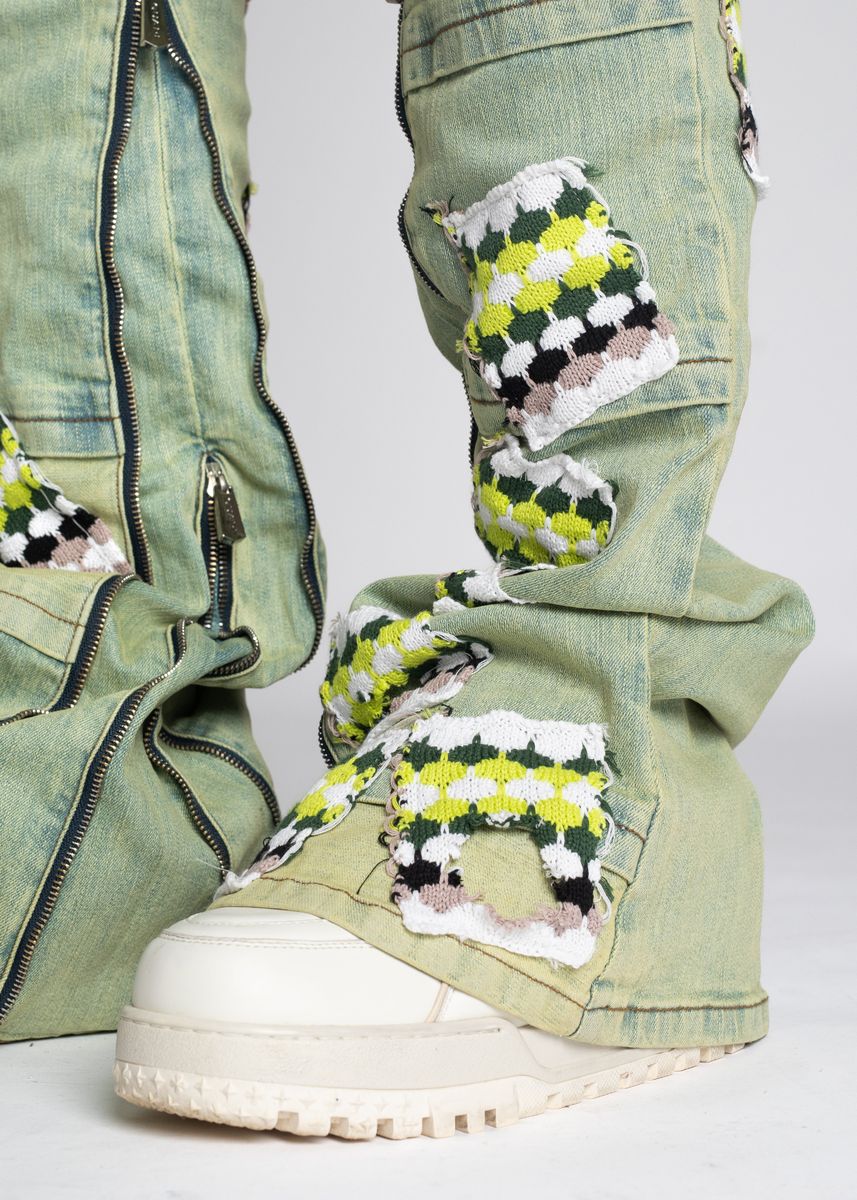 Guapi Jeans - Slime Green Knit Patches Denim - Green
