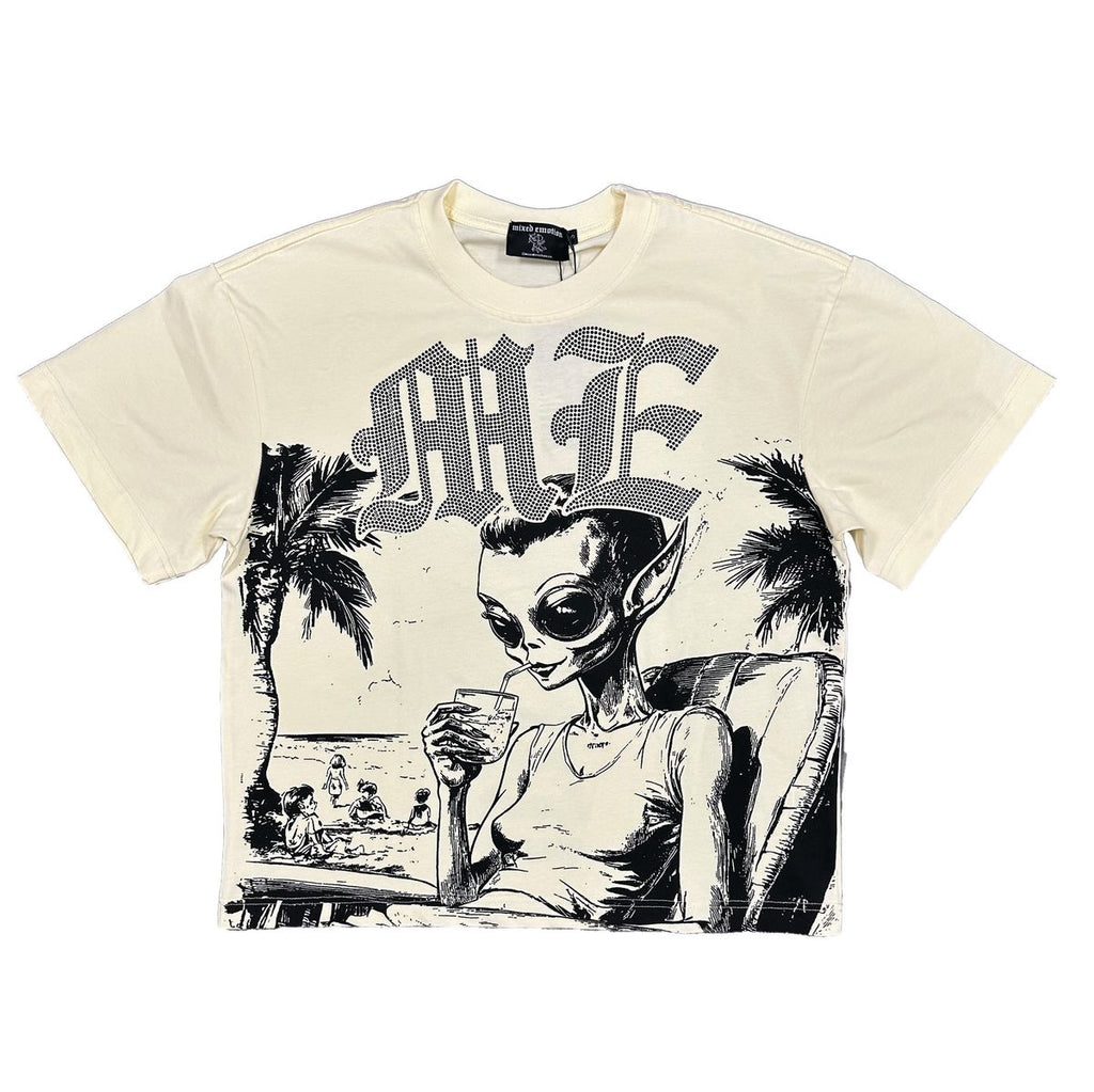 Mixed Emotion T-Shirt - Beach Rhinestone Tee - Cream