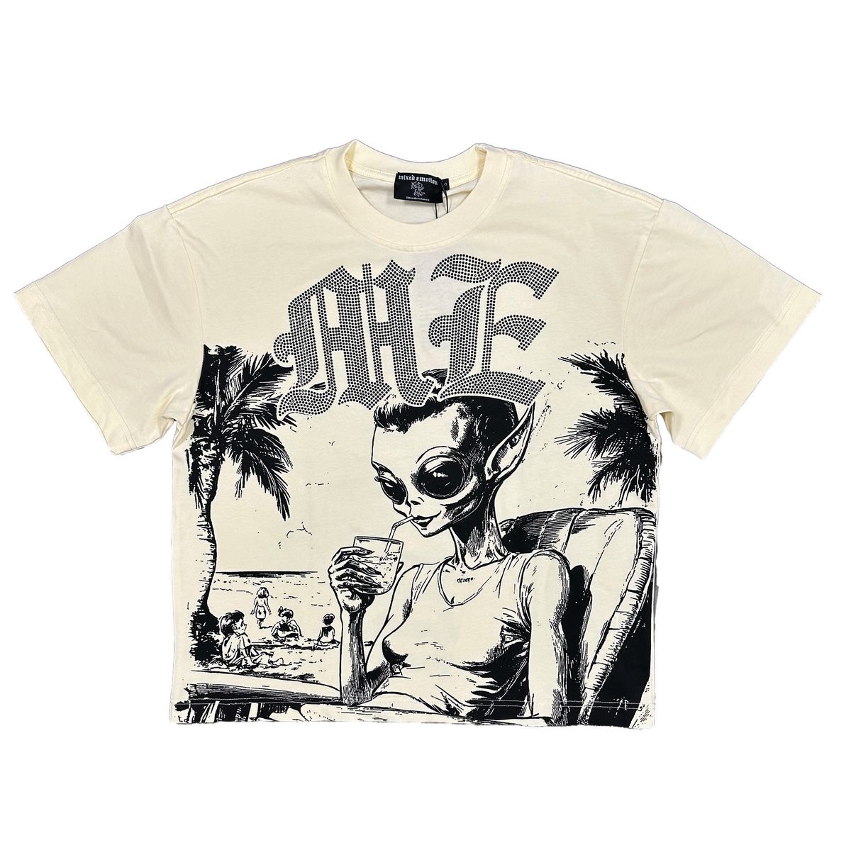 Mixed Emotion T-Shirt - Beach Rhinestone Tee - Cream