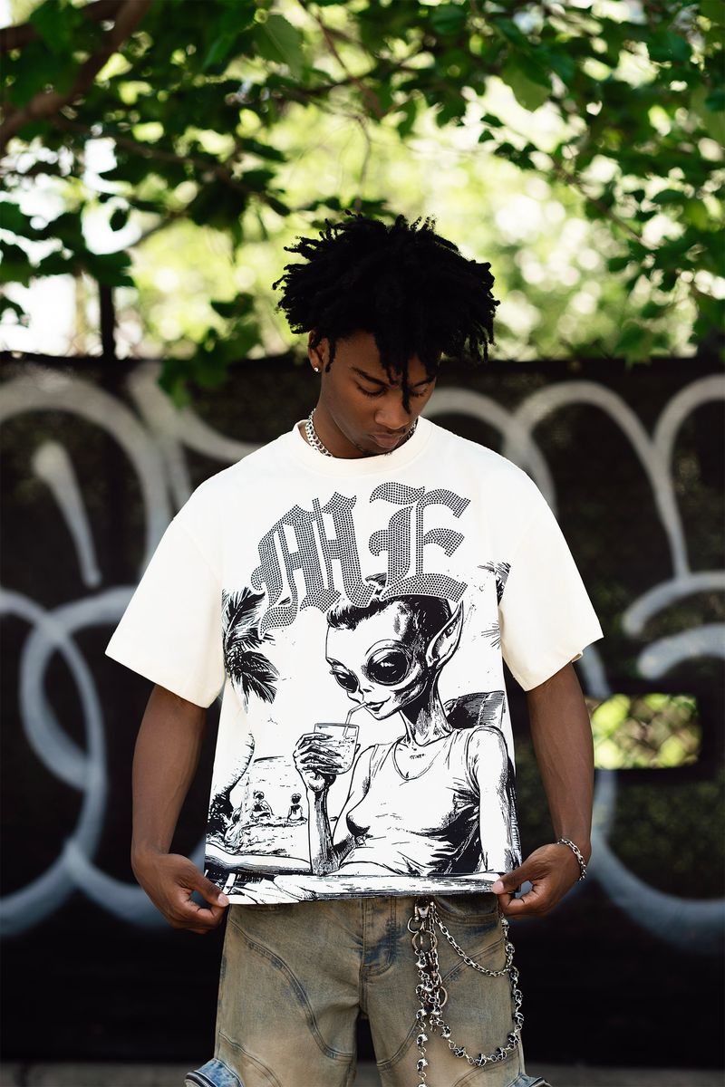 Mixed Emotion T-Shirt - Beach Rhinestone Tee - Cream