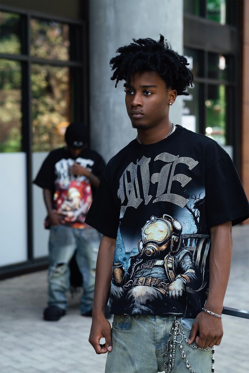 Mixed Emotion T-Shirt - Astronaut Rhinestone Tee - Black