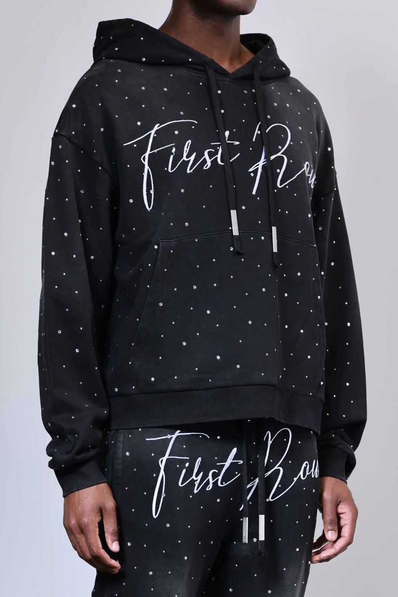 First Row Hoodie - Allover Rhine Stone Pullover - Black - FRF2200