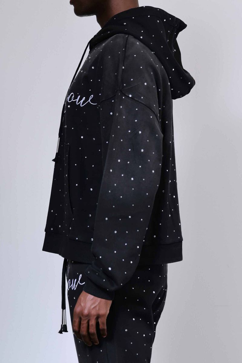 First Row Hoodie - Allover Rhine Stone Pullover - Black - FRF2200