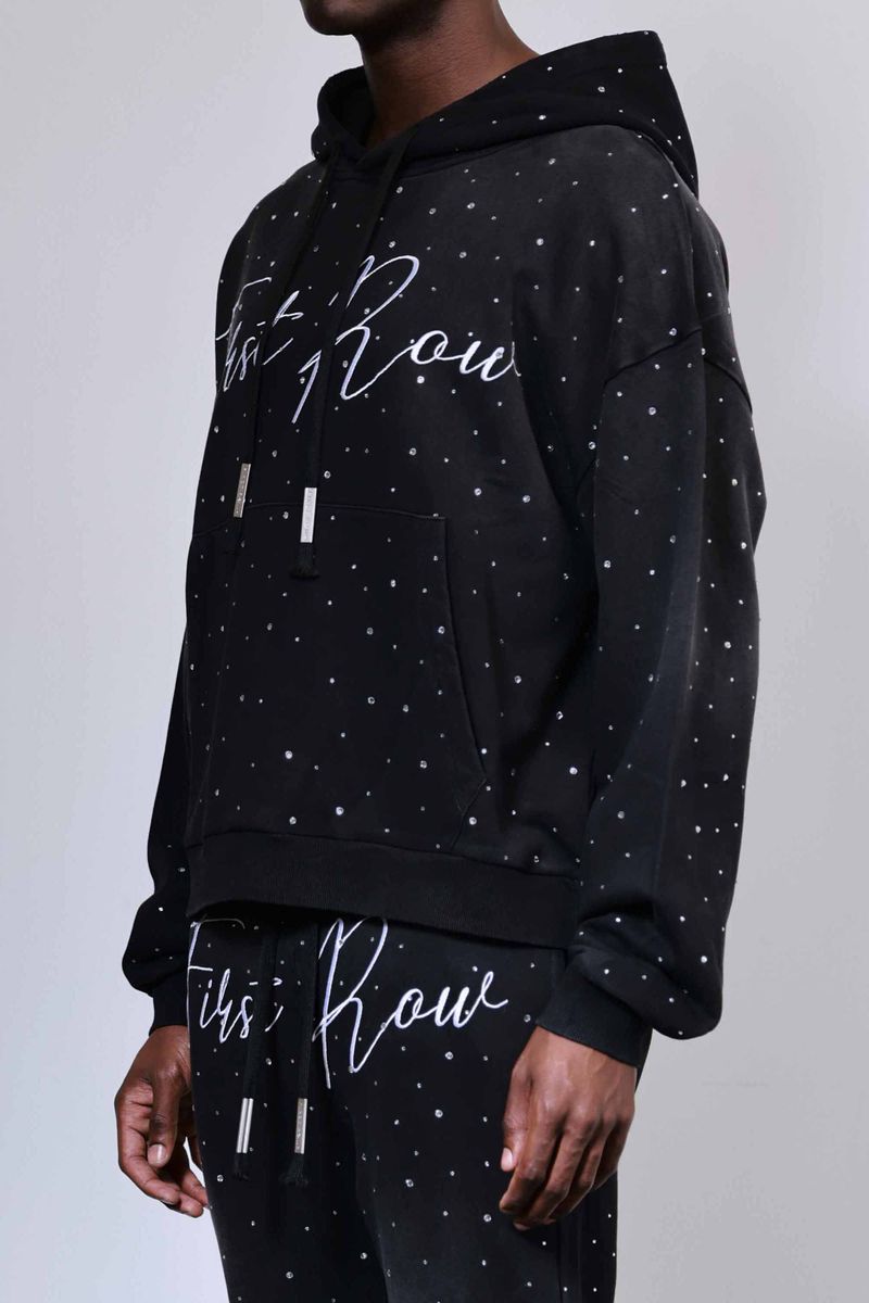 First Row Hoodie - Allover Rhine Stone Pullover - Black - FRF2200