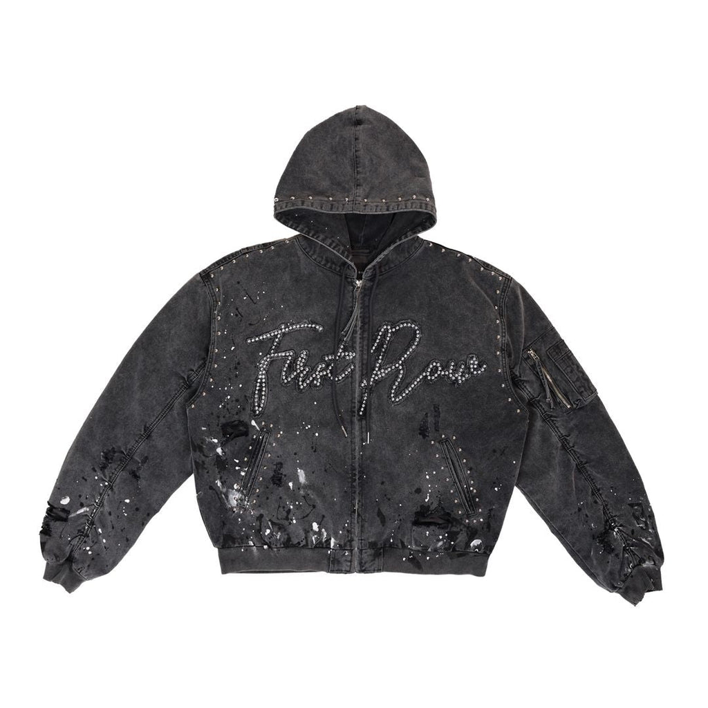 First Row Jacket - Stud Logo Hood Jacket - Black Wash - FRJ2131