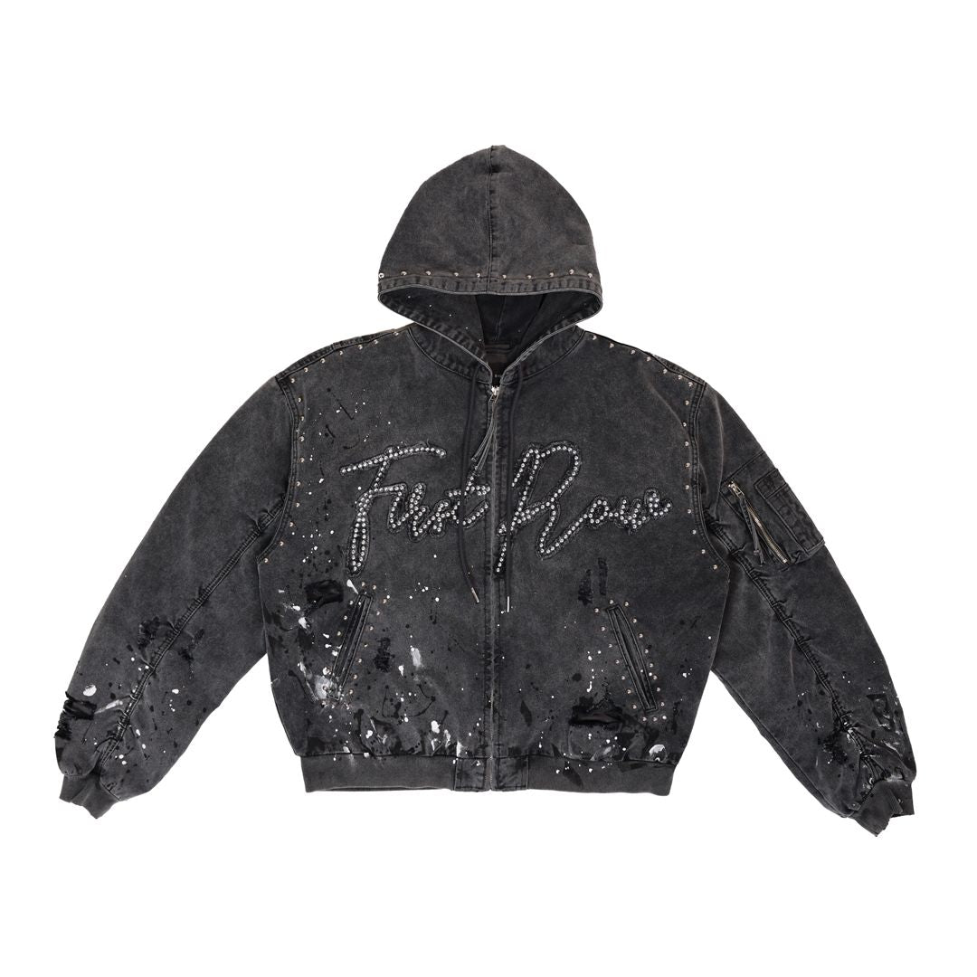 First Row Jacket - Stud Logo Hood Jacket - Black Wash - FRJ2131