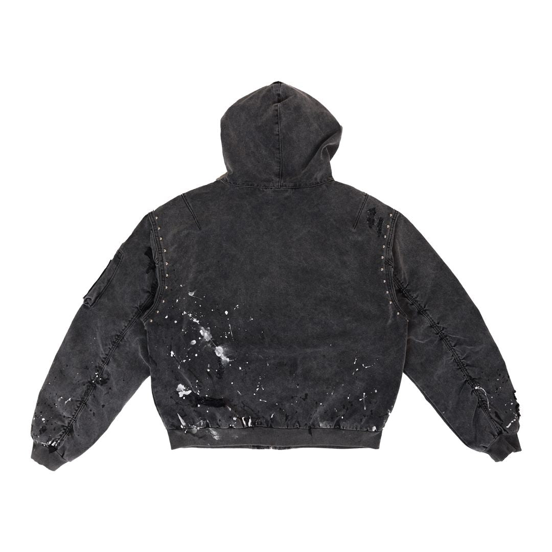 First Row Jacket - Stud Logo Hood Jacket - Black Wash - FRJ2131