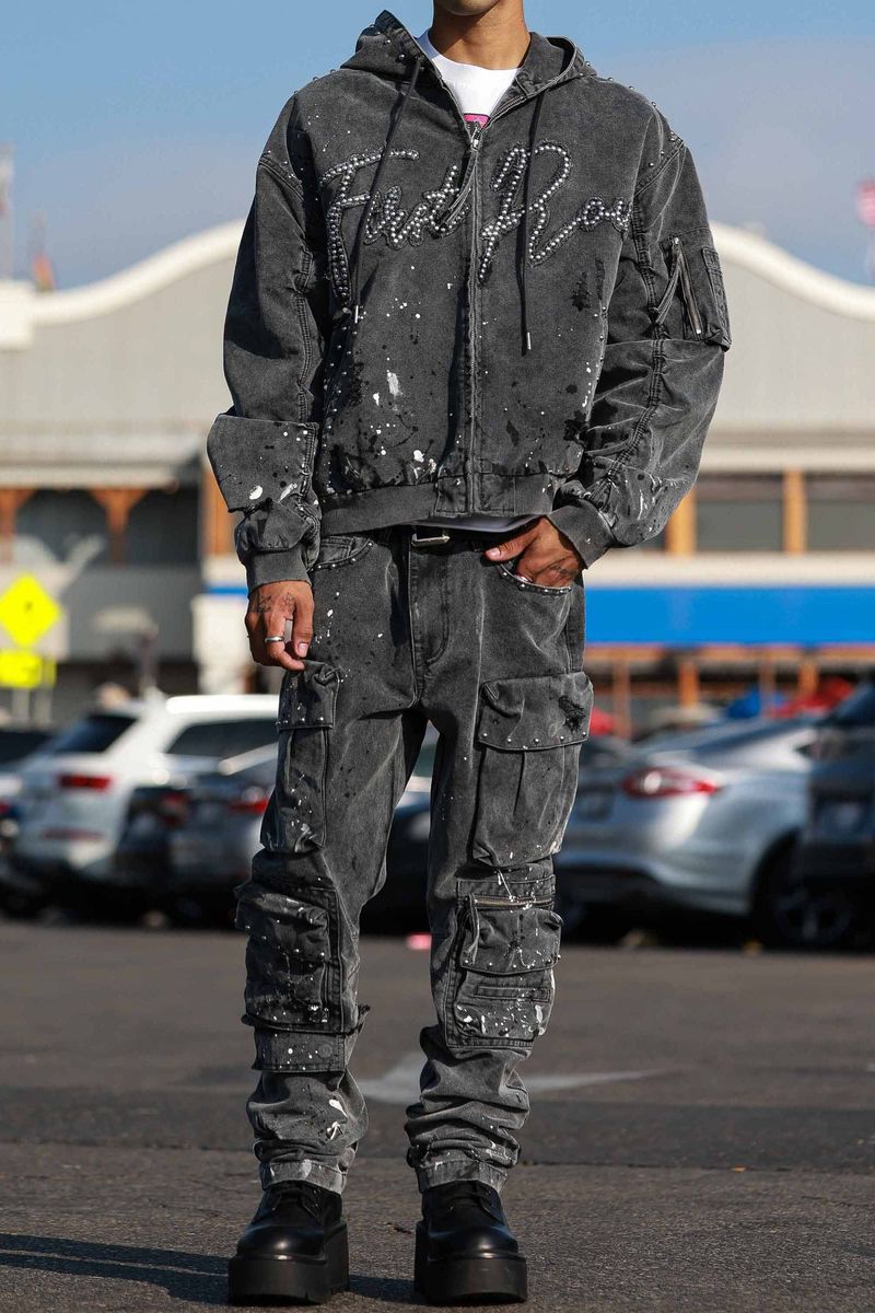 First Row Jacket - Stud Logo Hood Jacket - Black Wash - FRJ2131