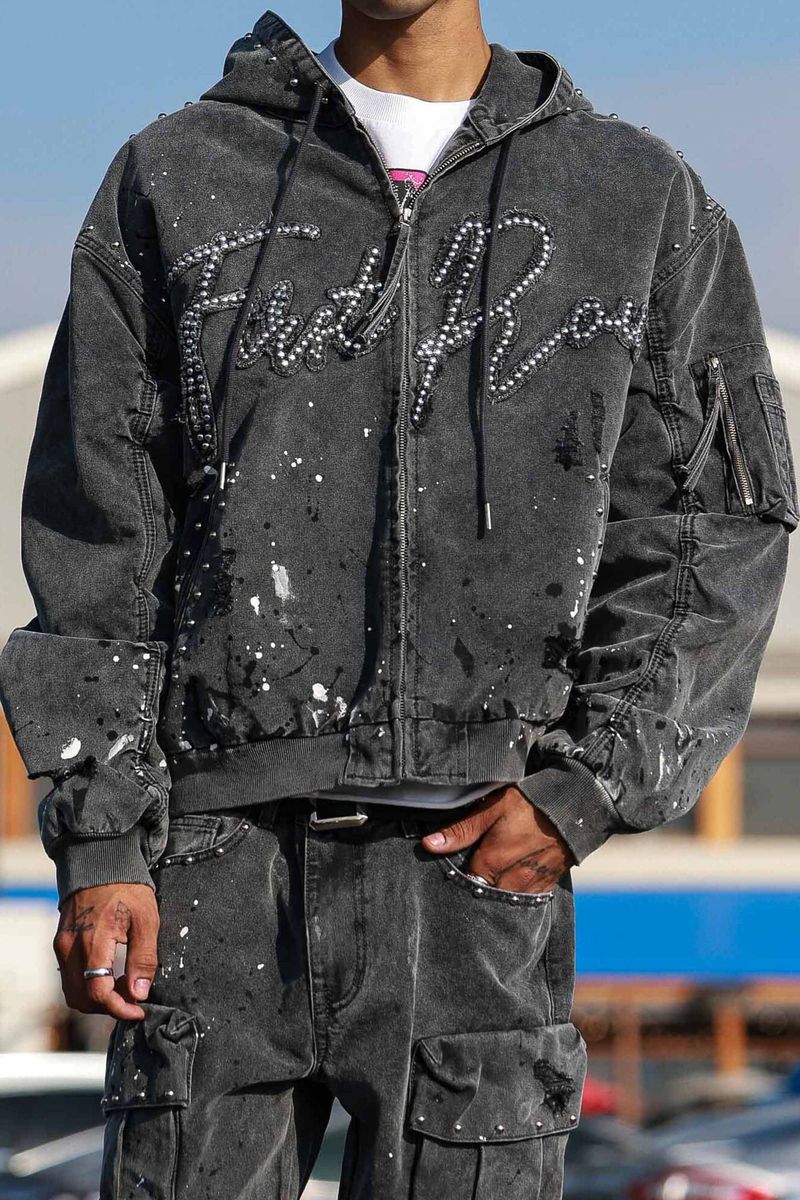 First Row Jacket - Stud Logo Hood Jacket - Black Wash - FRJ2131