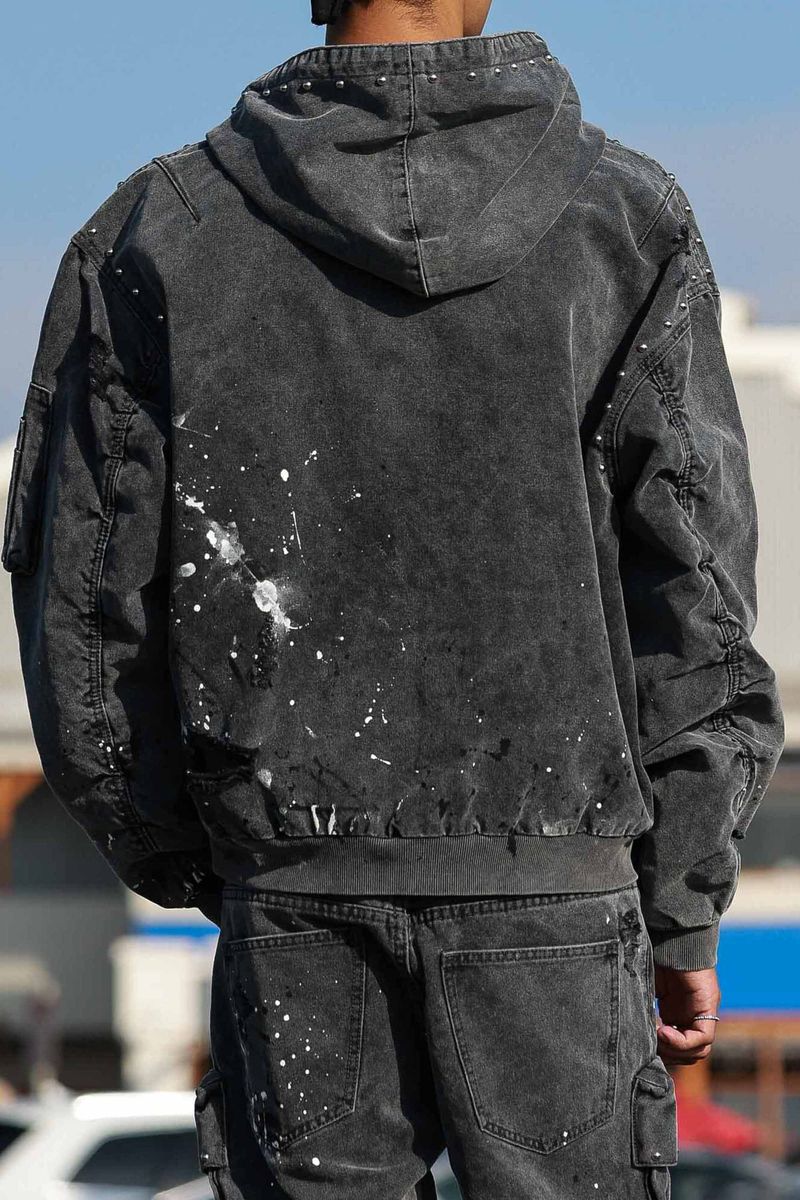 First Row Jacket - Stud Logo Hood Jacket - Black Wash - FRJ2131