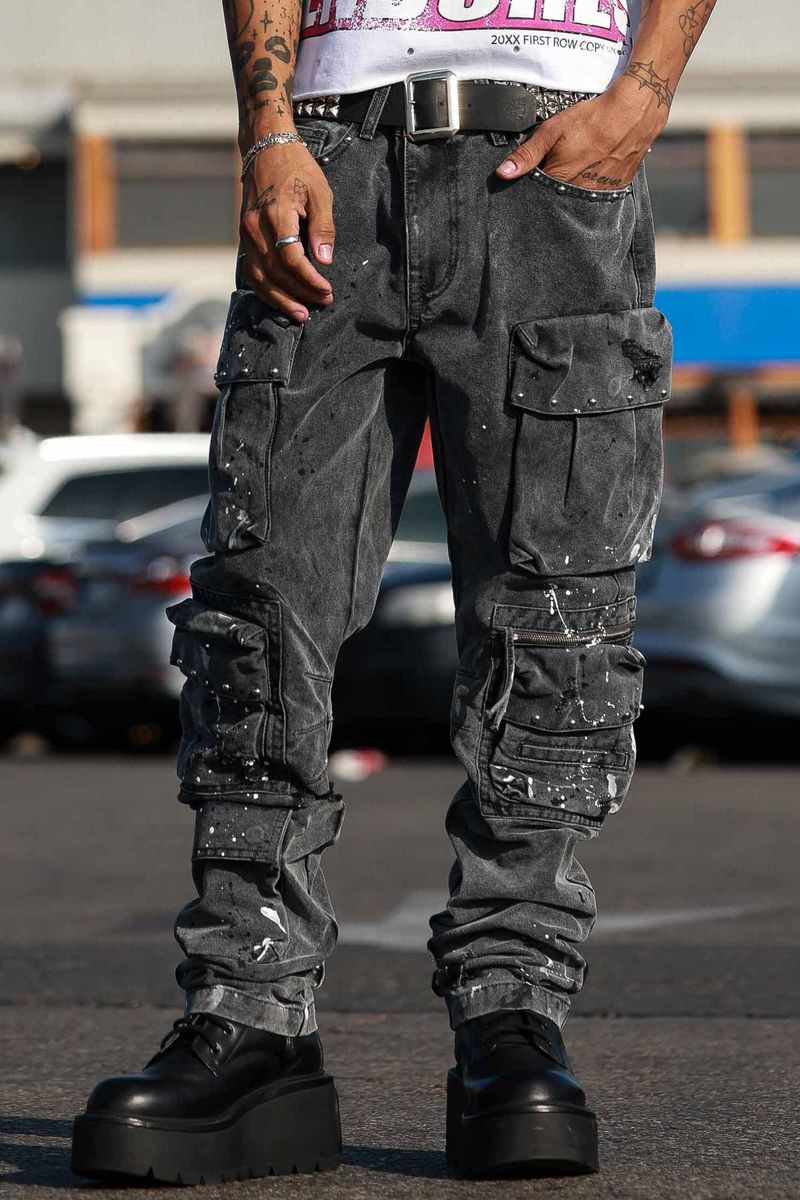 First Row Jeans - Stud Cargo Pants - Black Wash - FRP3131