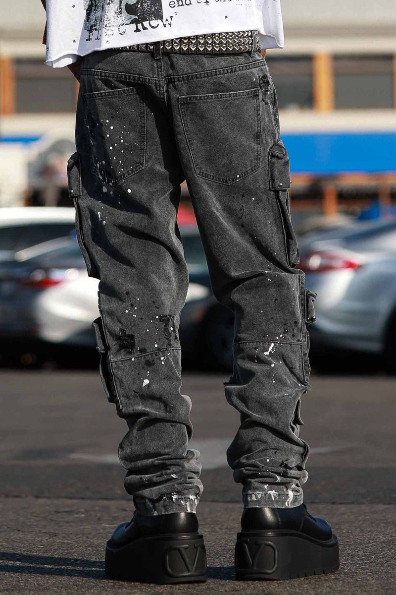 First Row Jeans - Stud Cargo Pants - Black Wash - FRP3131
