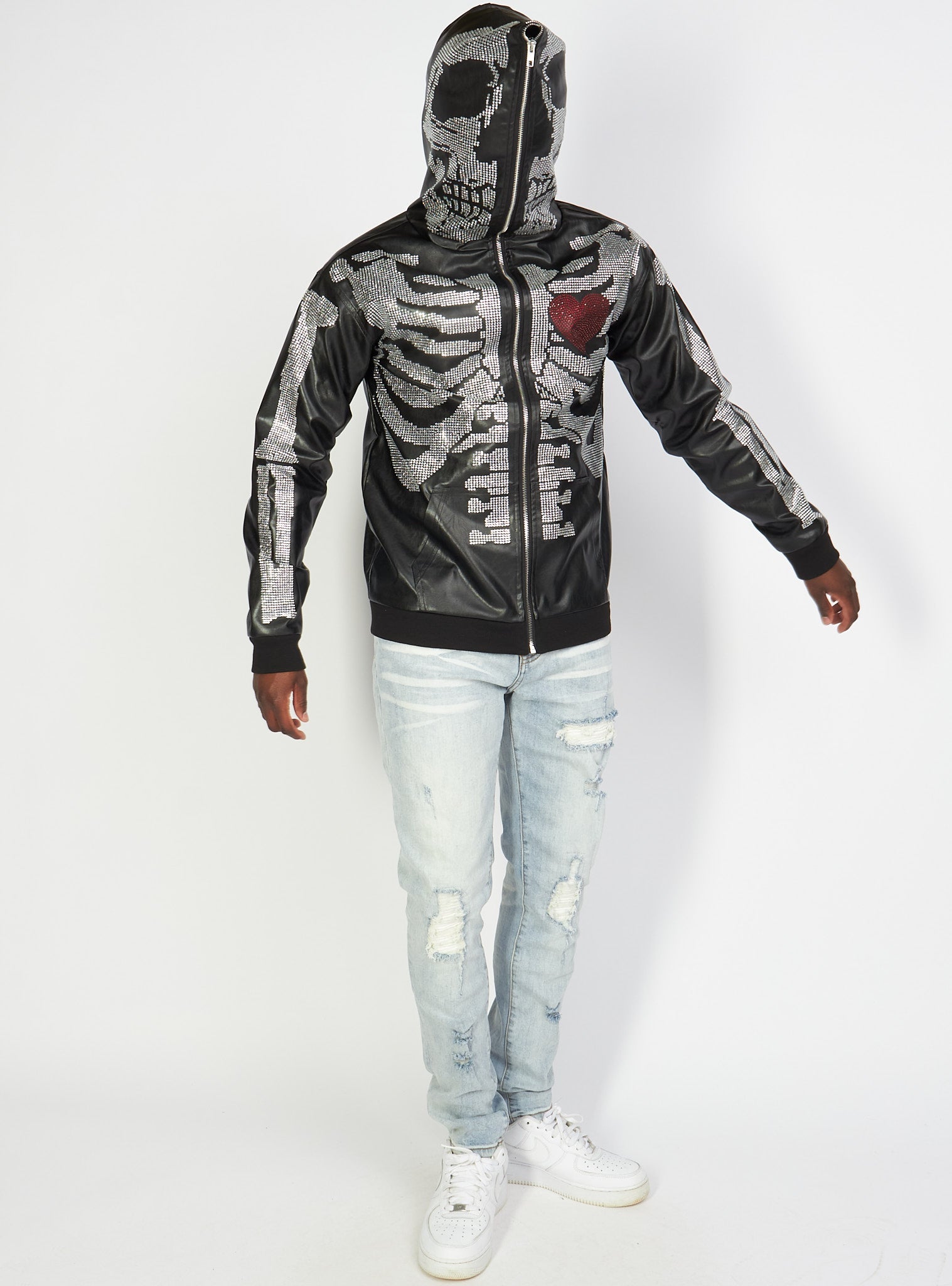 Politics Hoodie - Rhinestone Skeleton - Black - Gola351