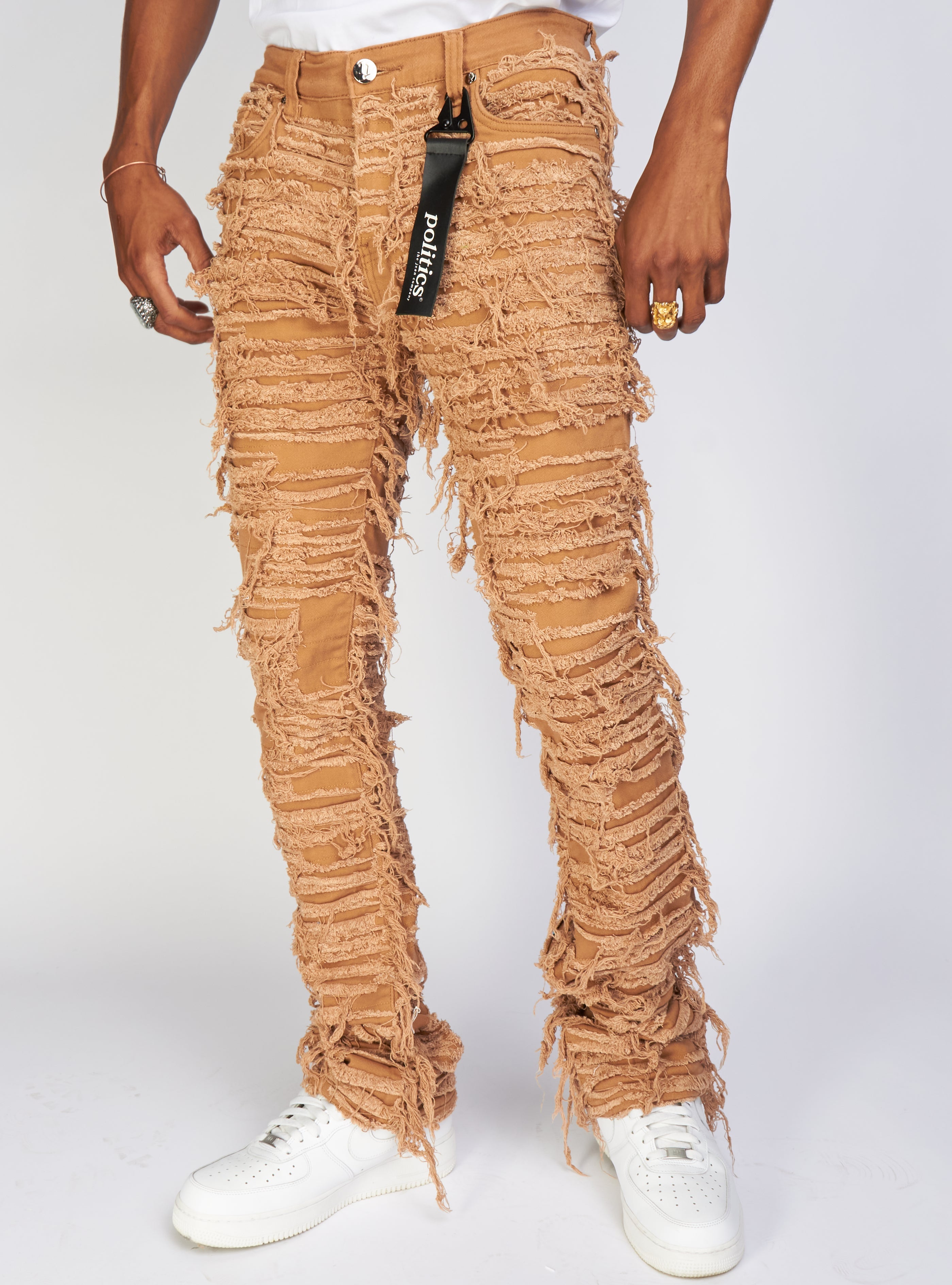 Politics Jeans - Thrashed Distressed Stacked Flare - Dark Khaki - Debris 513