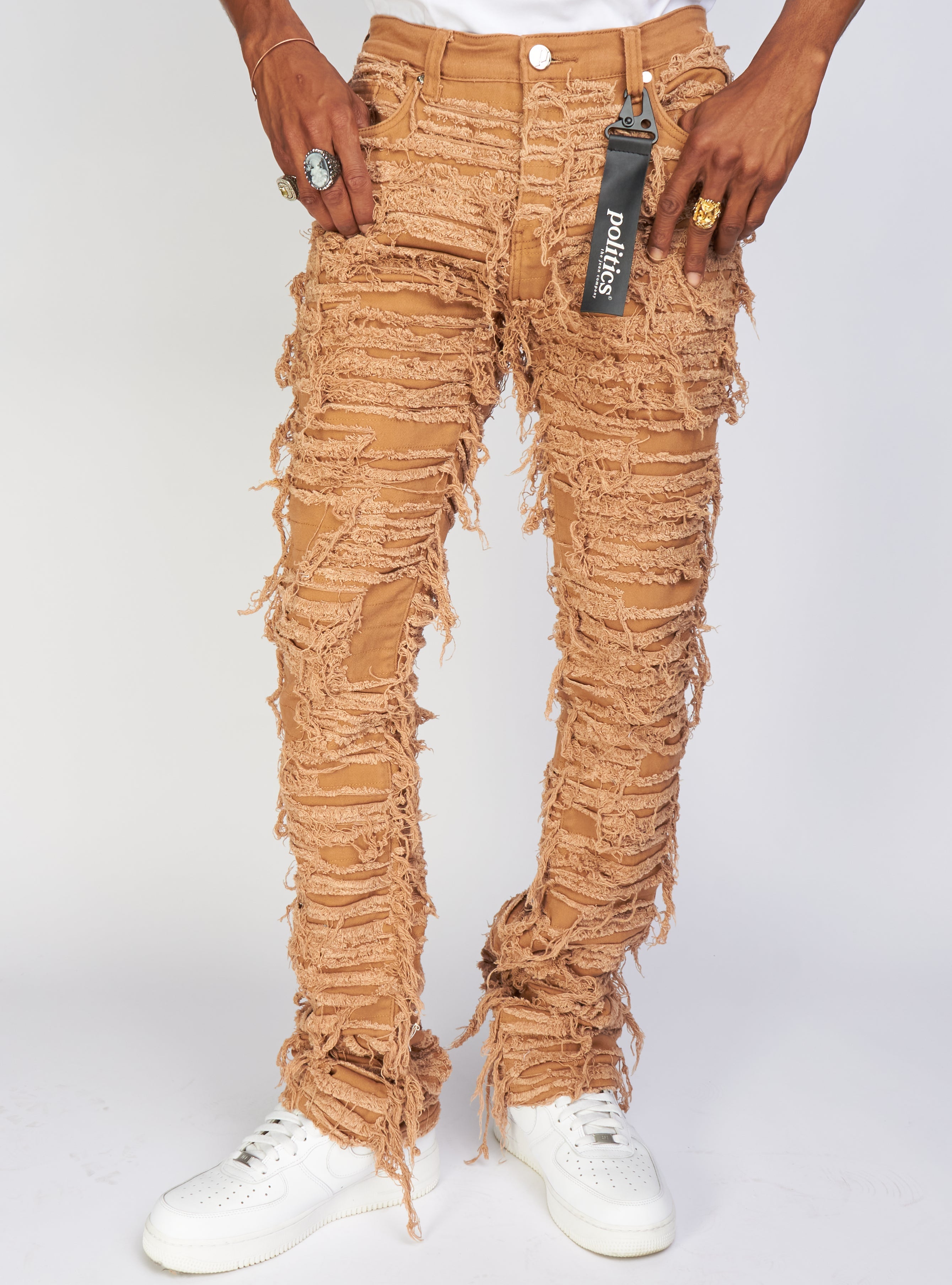 Politics Jeans - Thrashed Distressed Stacked Flare - Dark Khaki - Debris 513