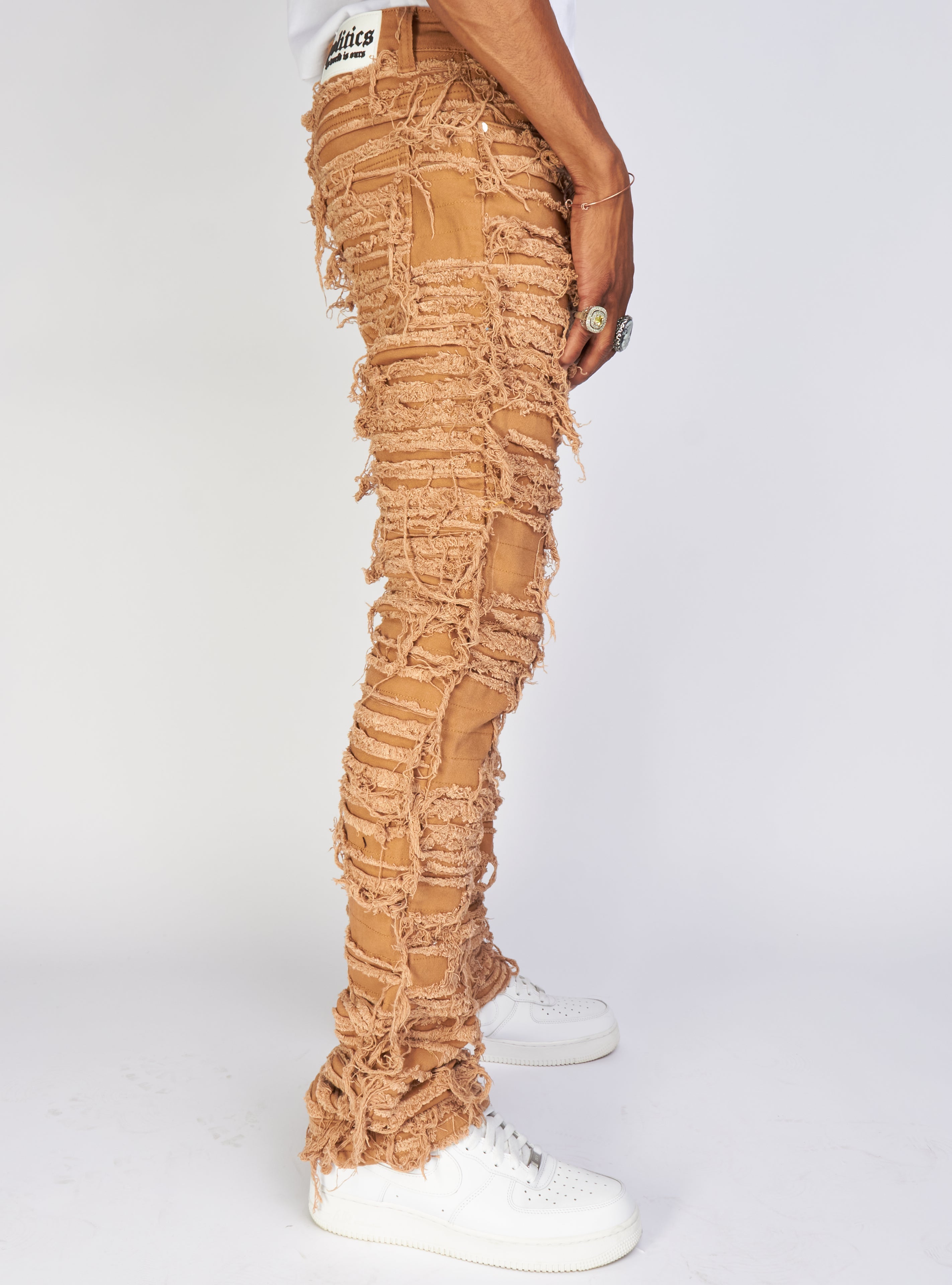 Politics Jeans - Thrashed Distressed Stacked Flare - Dark Khaki - Debris 513