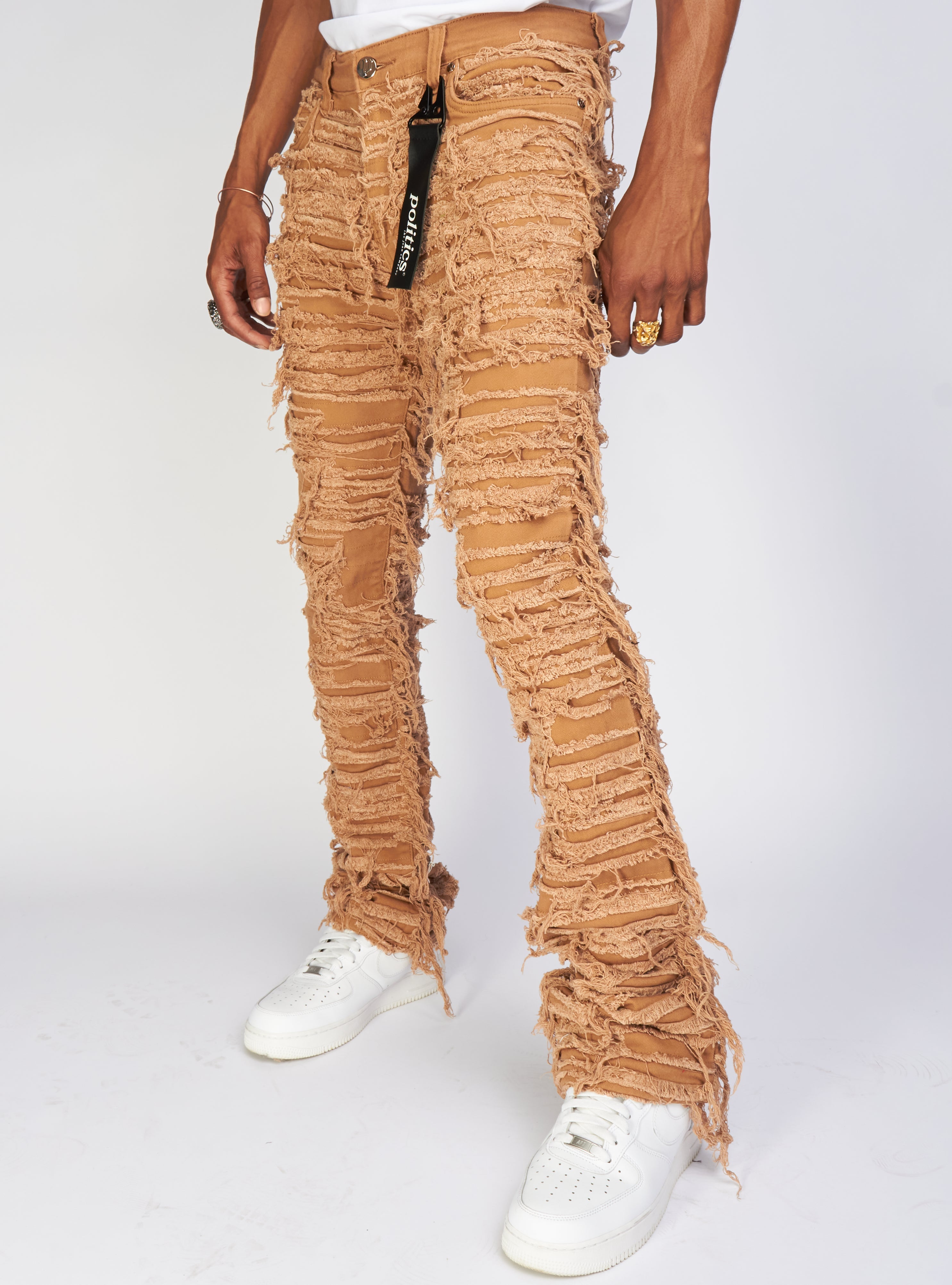 Politics Jeans - Thrashed Distressed Stacked Flare - Dark Khaki - Debris 513