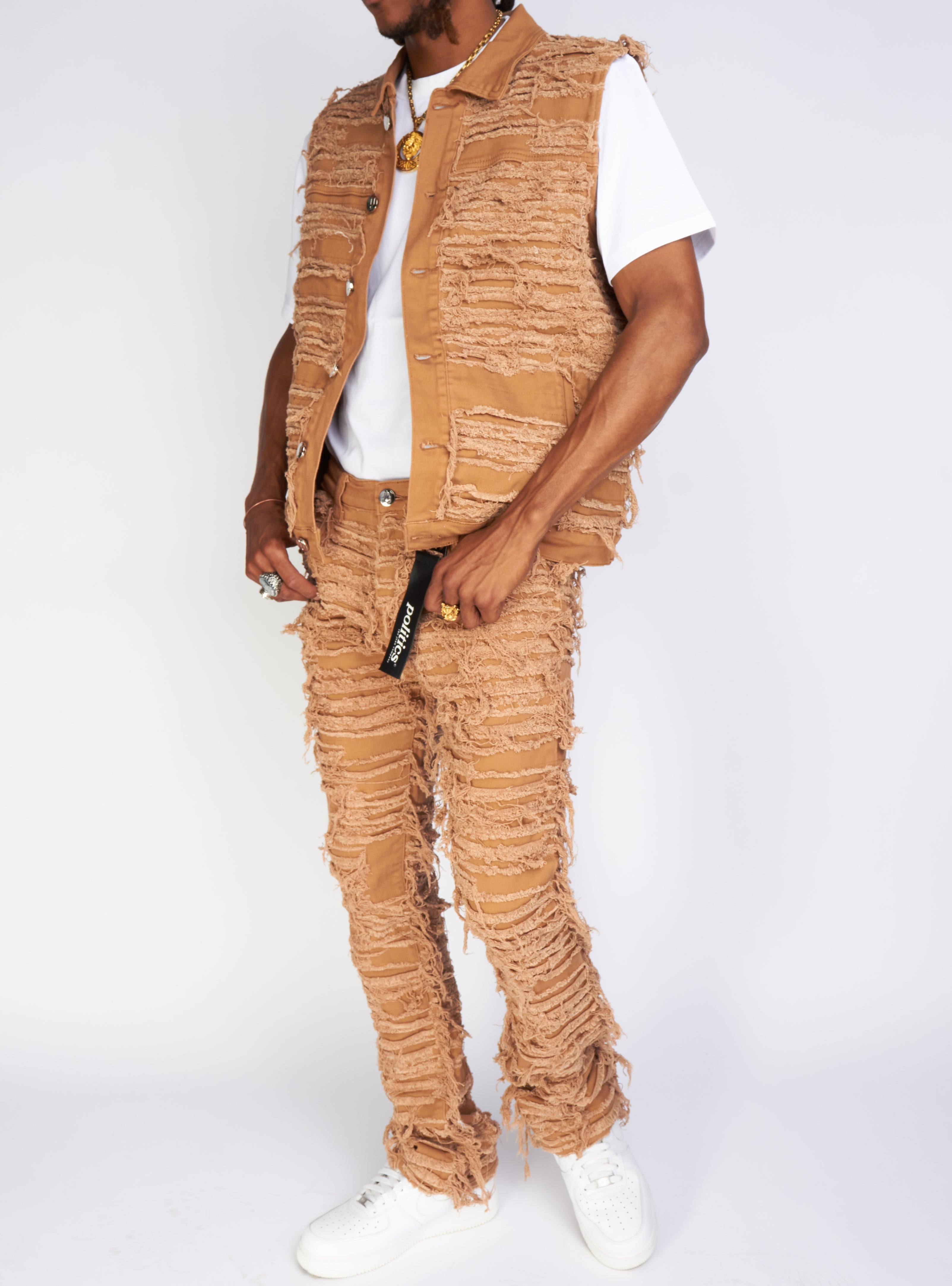 Politics Jeans - Thrashed Distressed Stacked Flare - Dark Khaki - Debris 513