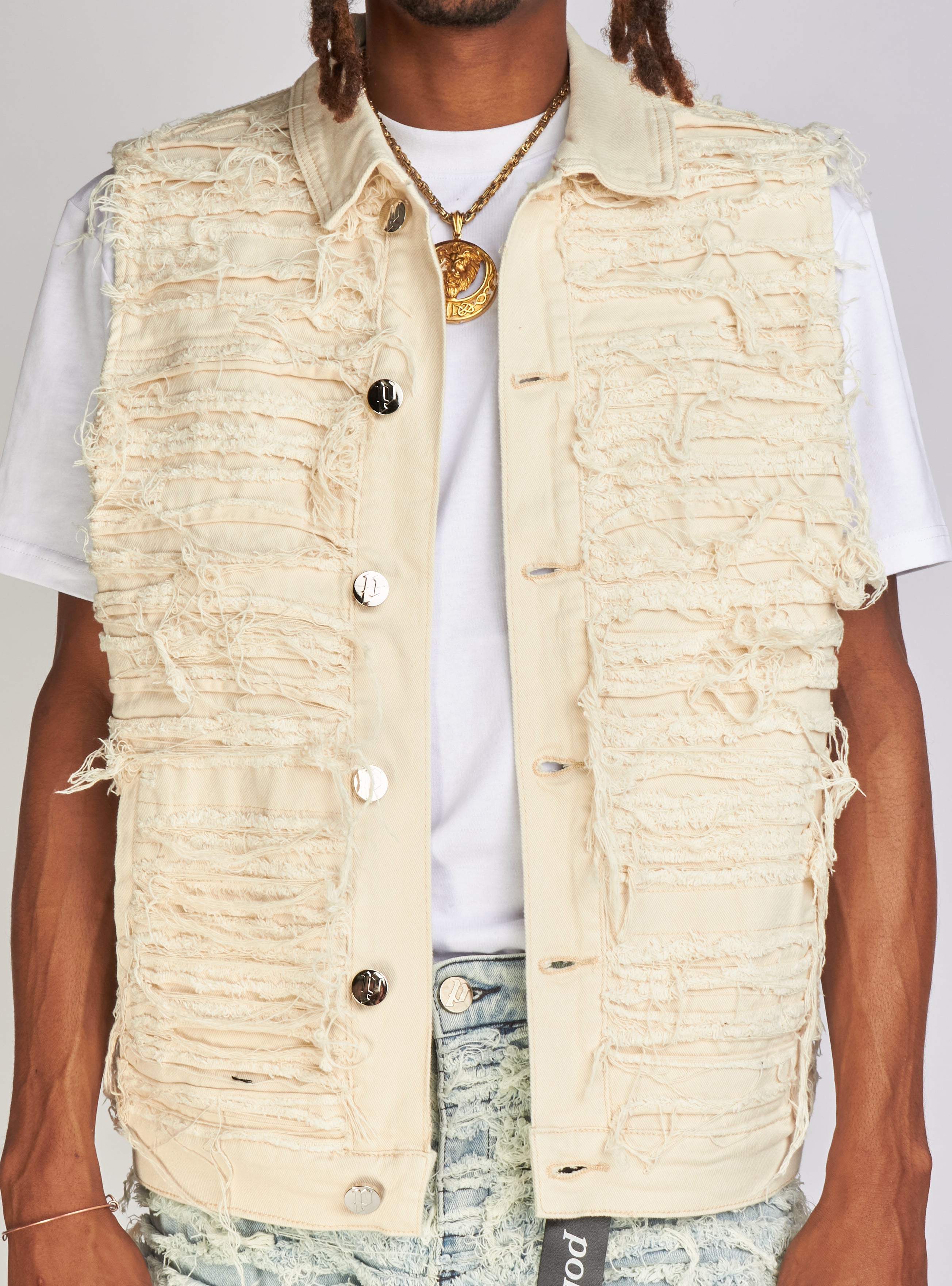 Politics Jean Vest - Thrashed Distressed Denim Vest - Cream - Debris 491