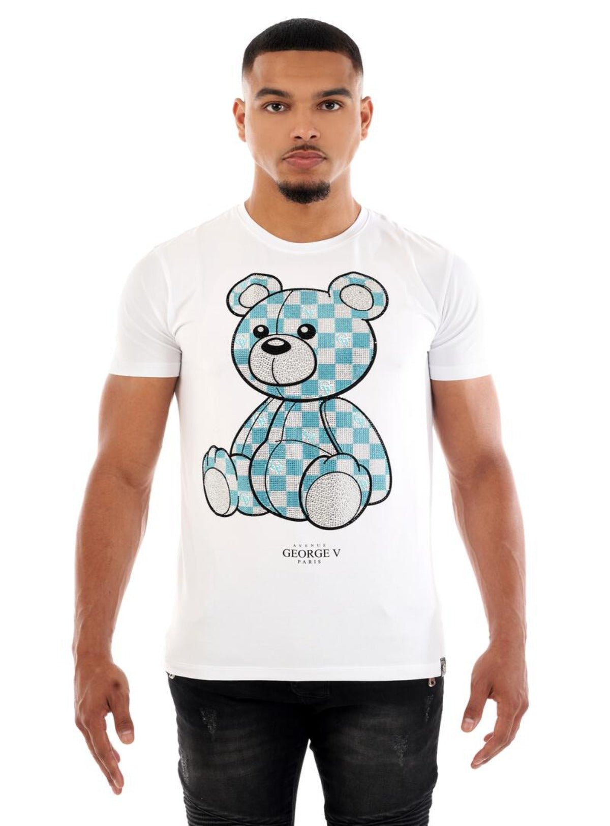 George V T-Shirt - Checkered Bear - White And Blue - GV-2392