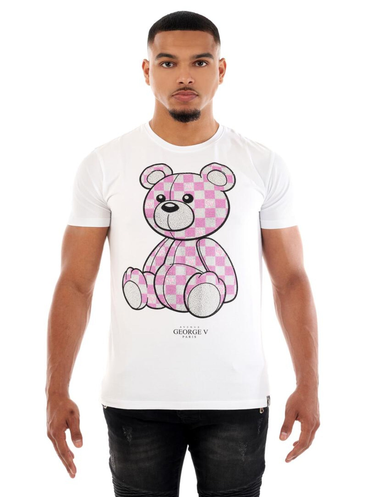 George V T-Shirt - Checkered Bear - White And Pink - GV-2392