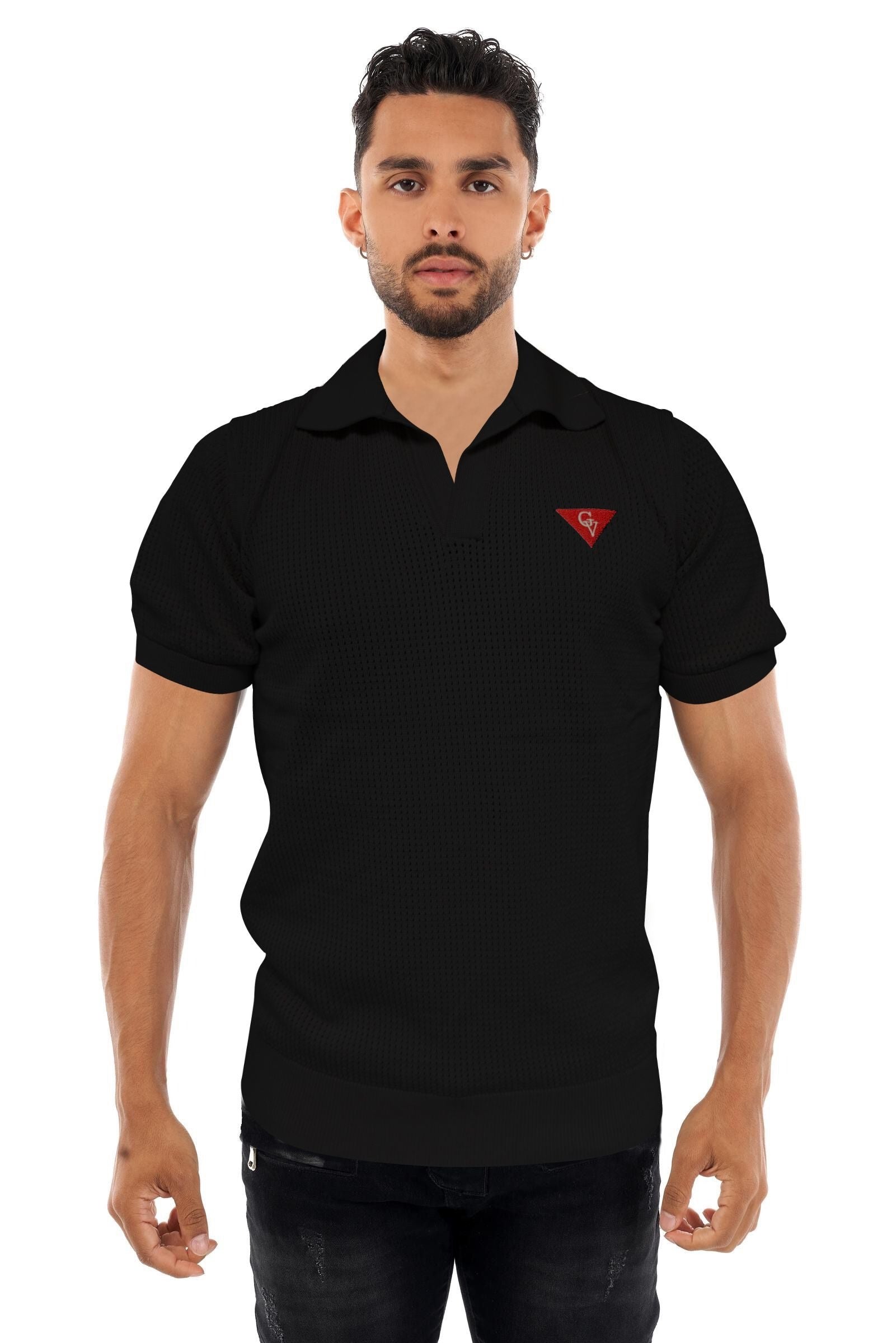 George V T-Shirt - Men's Knitted Collar T-shirt - Black - GV-2903