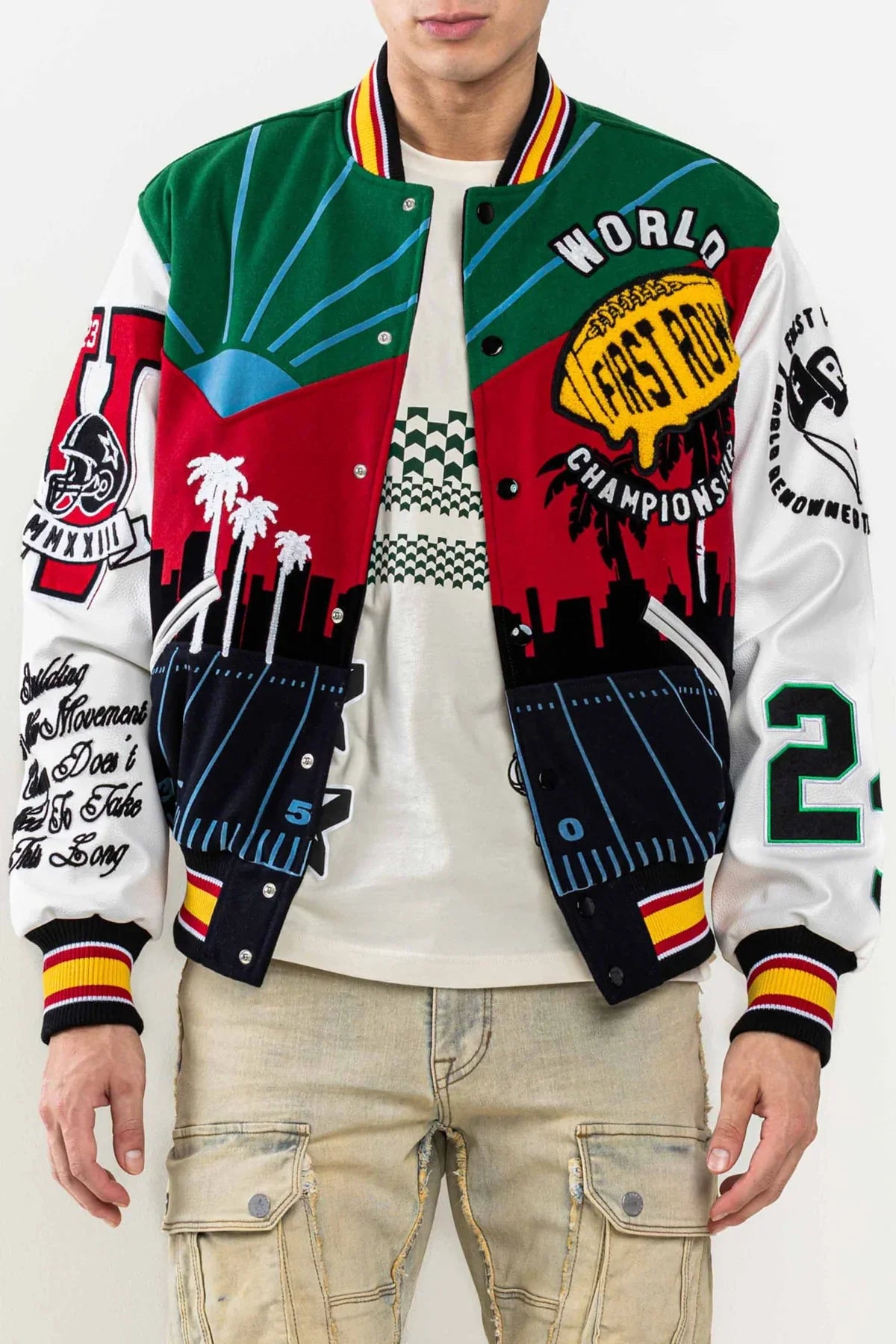 First Row Jacket - The Future Is Yours Varsity - Green And Red - FRJ0049