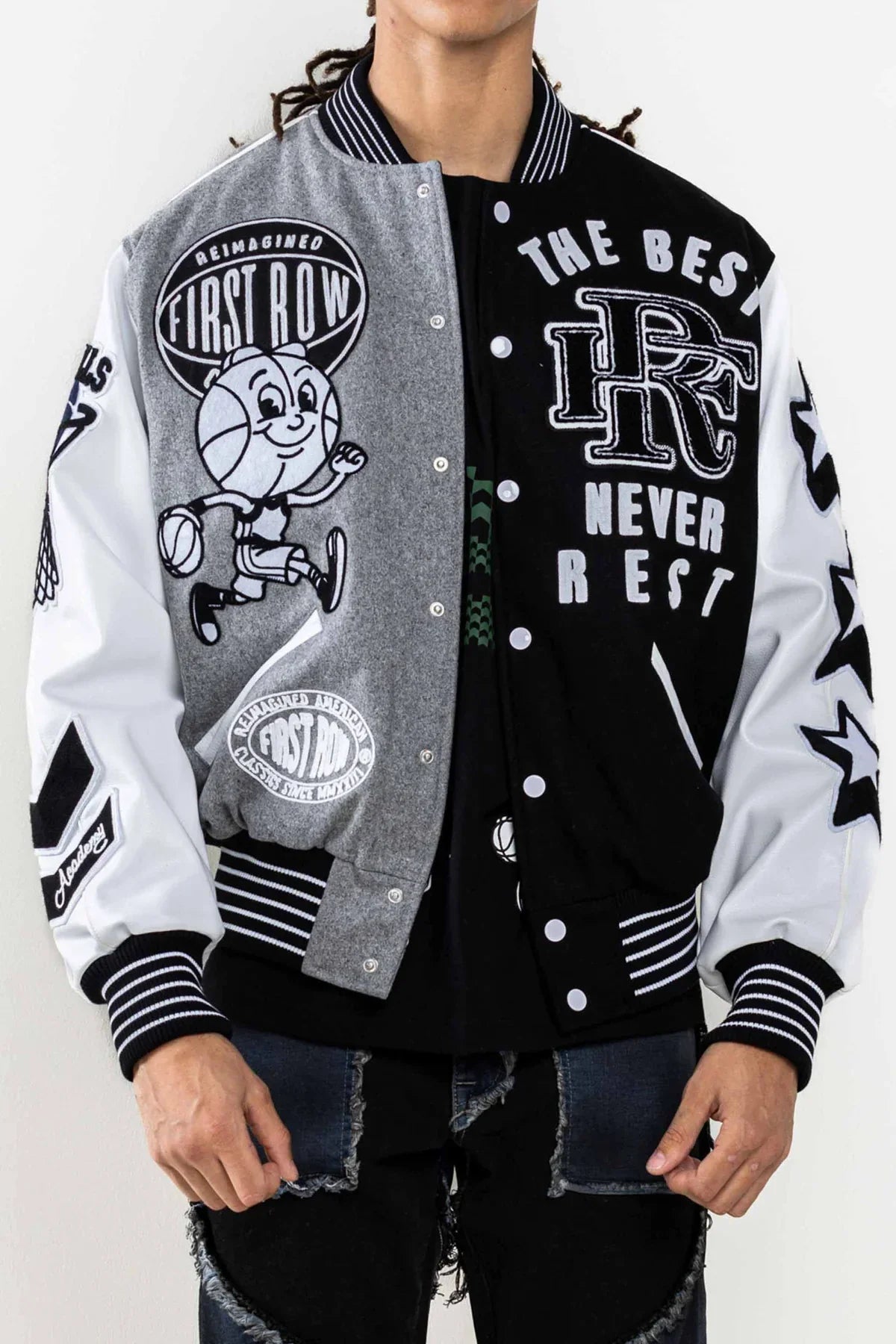 First Row Jacket - The Best Never Rest Varsity - Black And Grey - FRJ0050