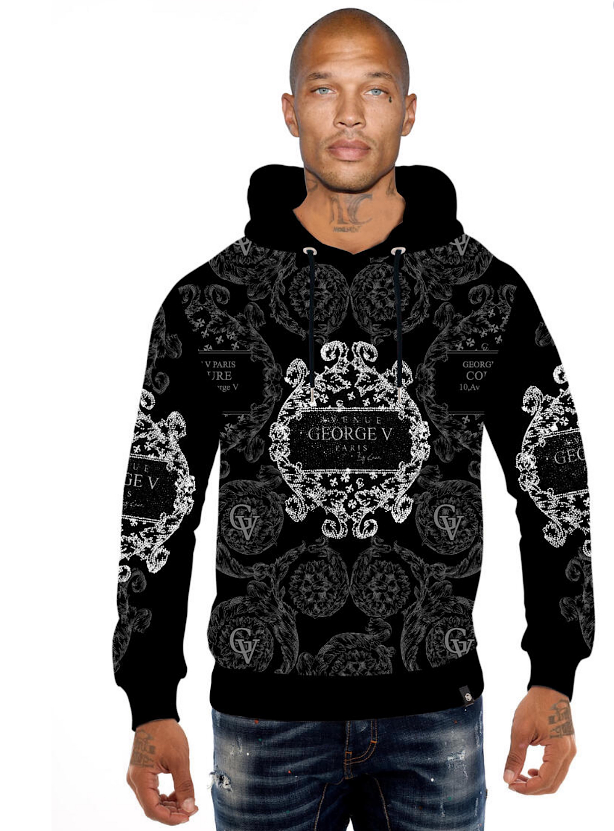 George V Hoodie - Abstract Print - Black On Black - GV2643