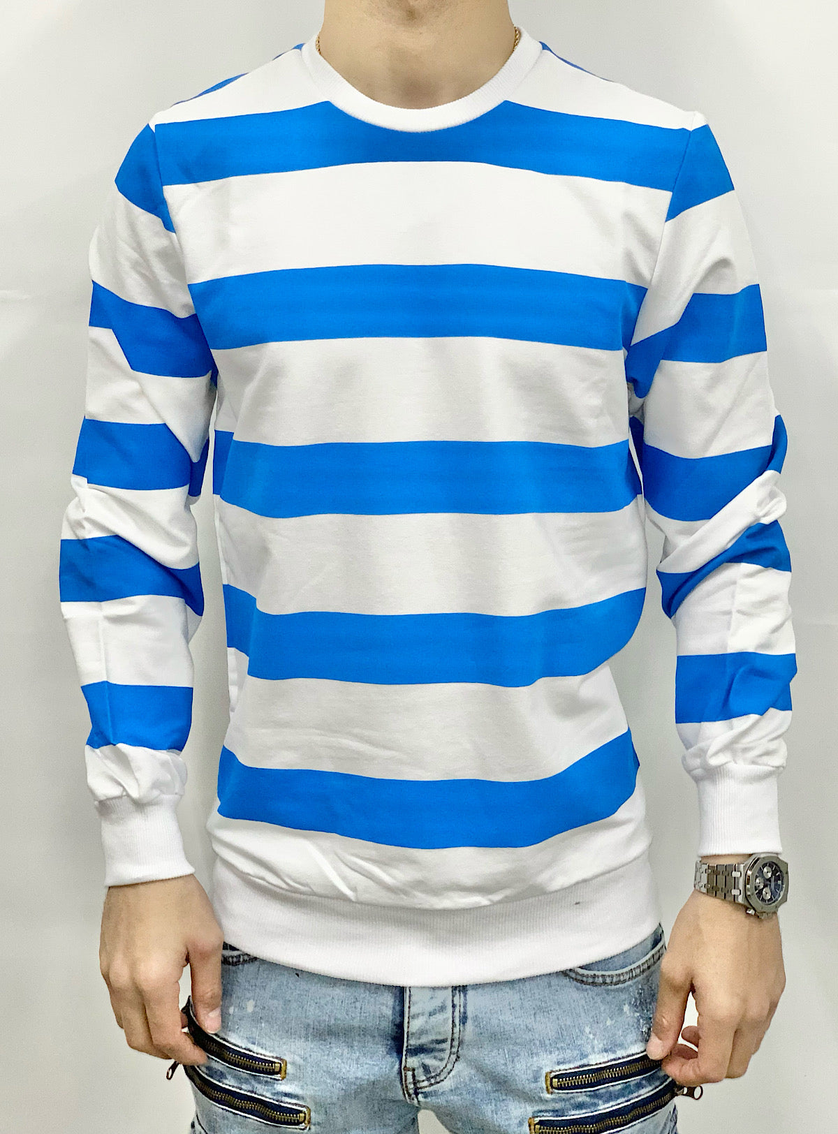 Buyer's Choice Sweater - Stripes - White And Royal - 60083