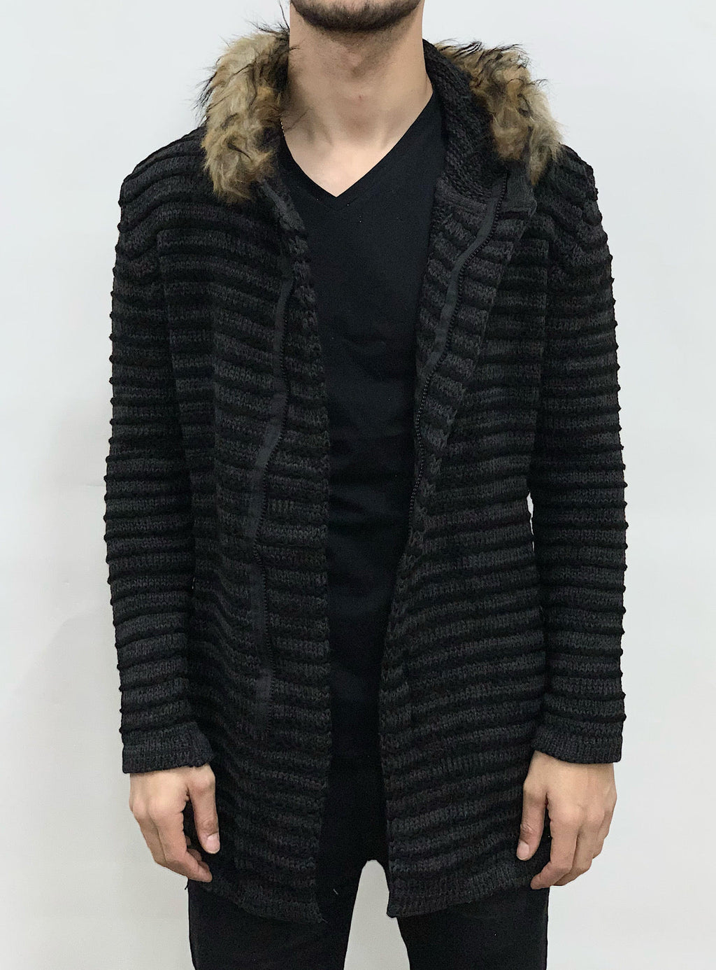 Buyer's Choice Sweater - Fur Striped - Black - KA2047