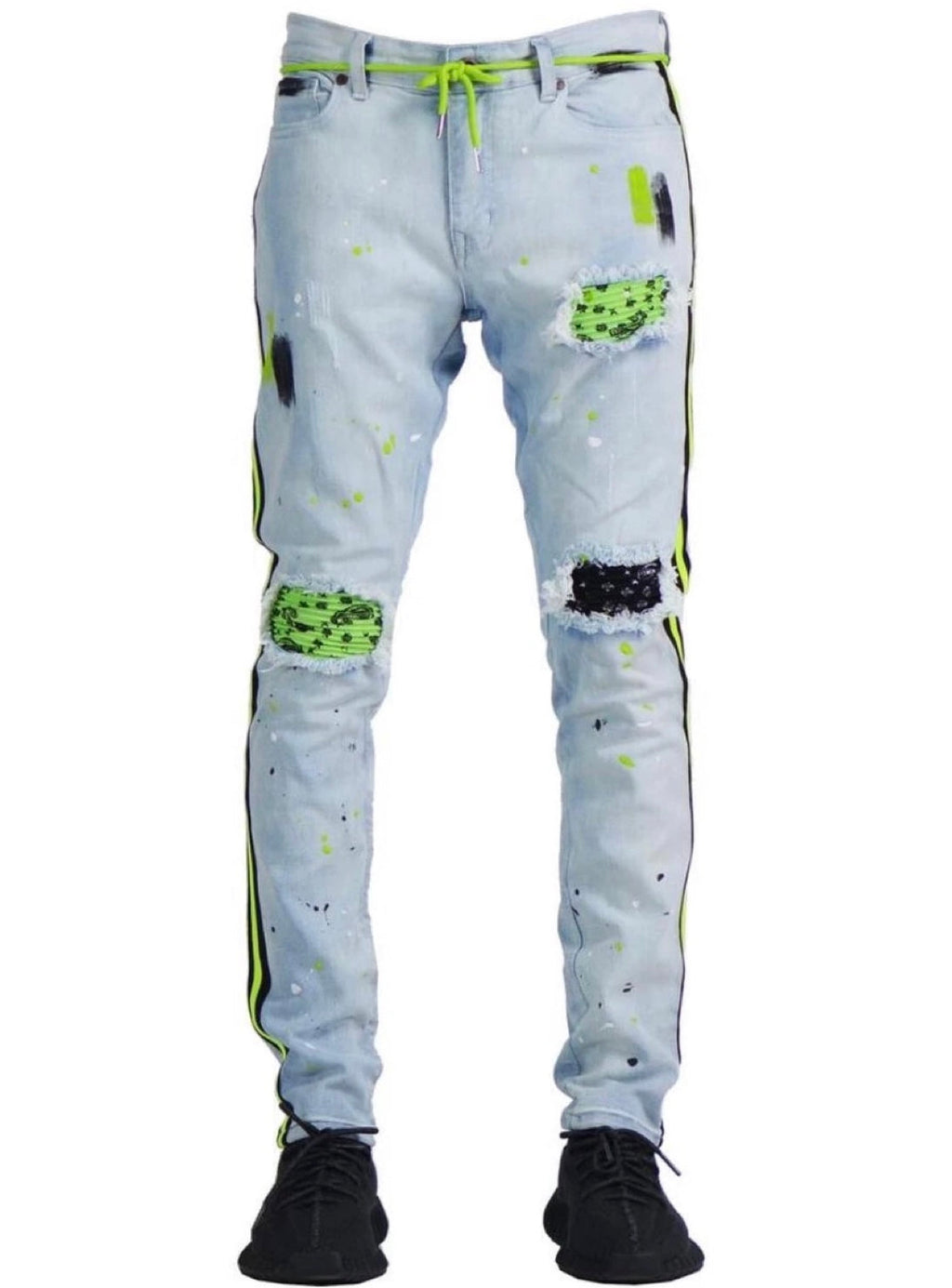 Focus Jeans - Bandana Patches and Stripes - Light Wash with Lime - 3185