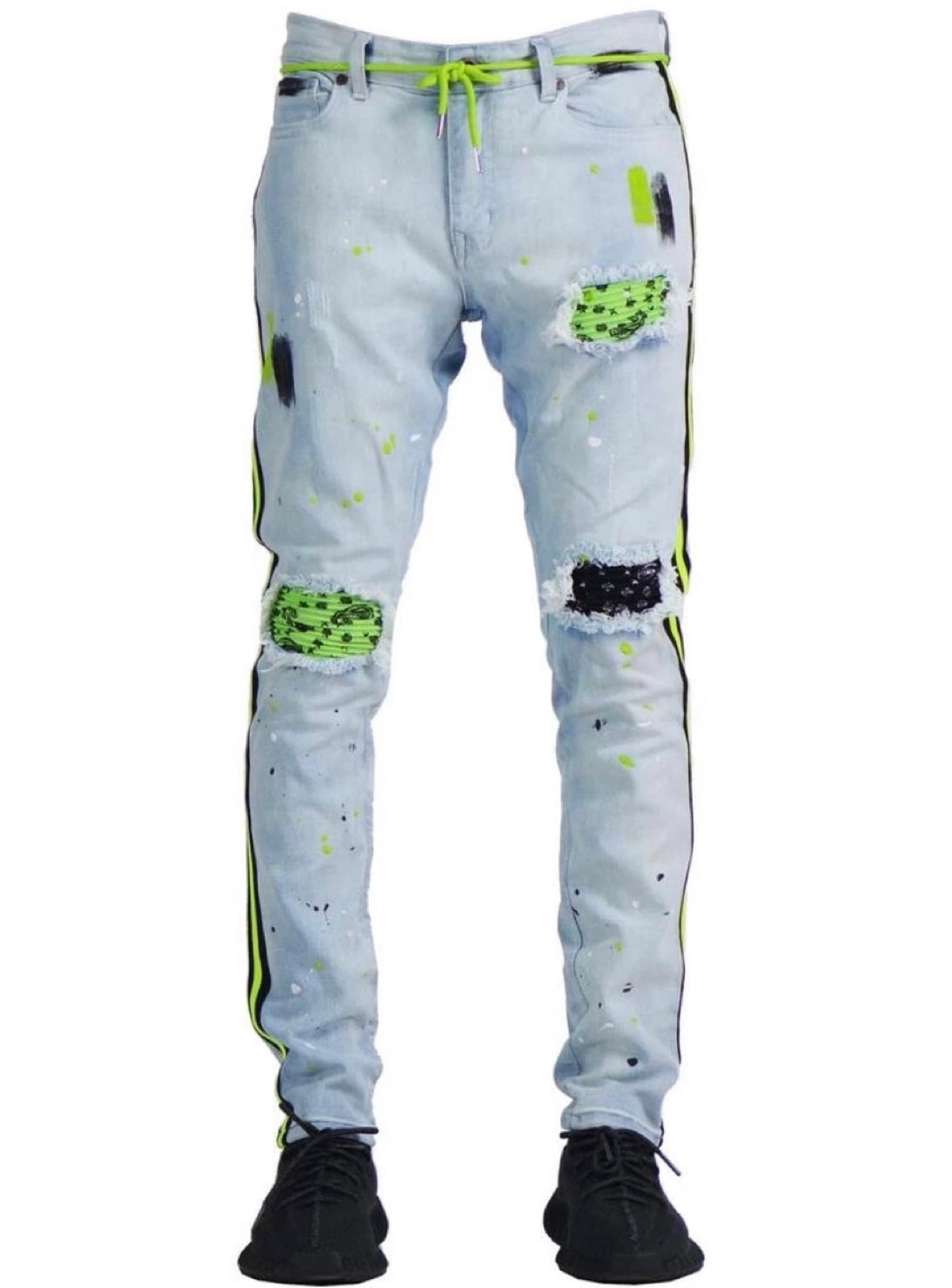 Focus Jeans - Bandana Patches and Stripes - Light Wash with Lime - 3185