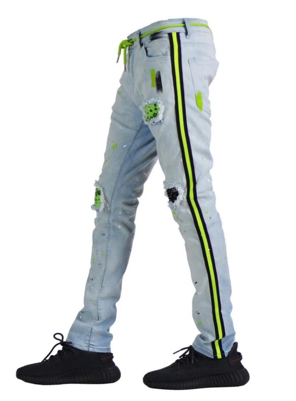 Focus Jeans - Bandana Patches and Stripes - Light Wash with Lime - 3185