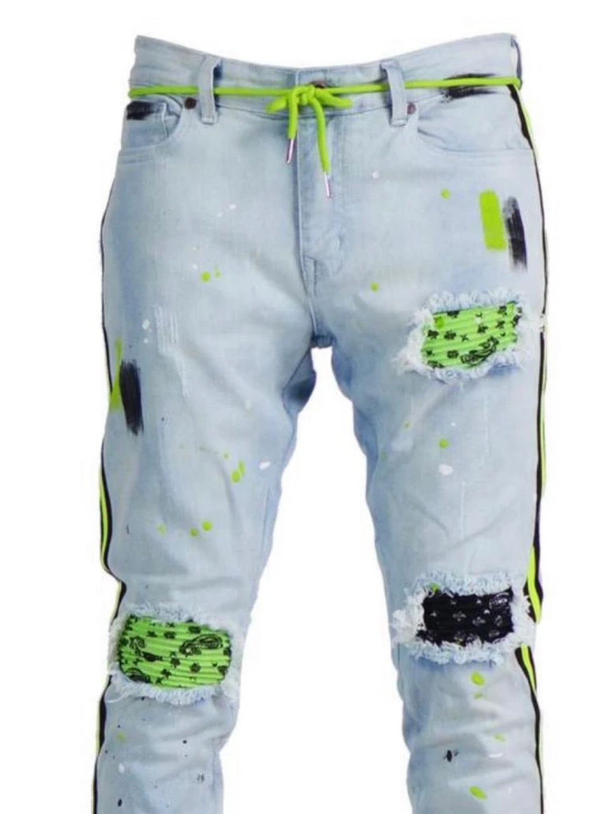 Focus Jeans - Bandana Patches and Stripes - Light Wash with Lime - 3185
