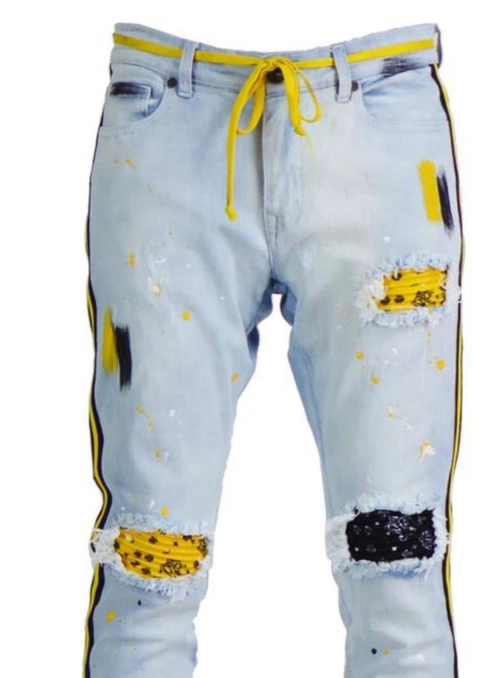 Focus Jeans - Bandana Patches and Stripes - Ice Blue and Yellow - 3185