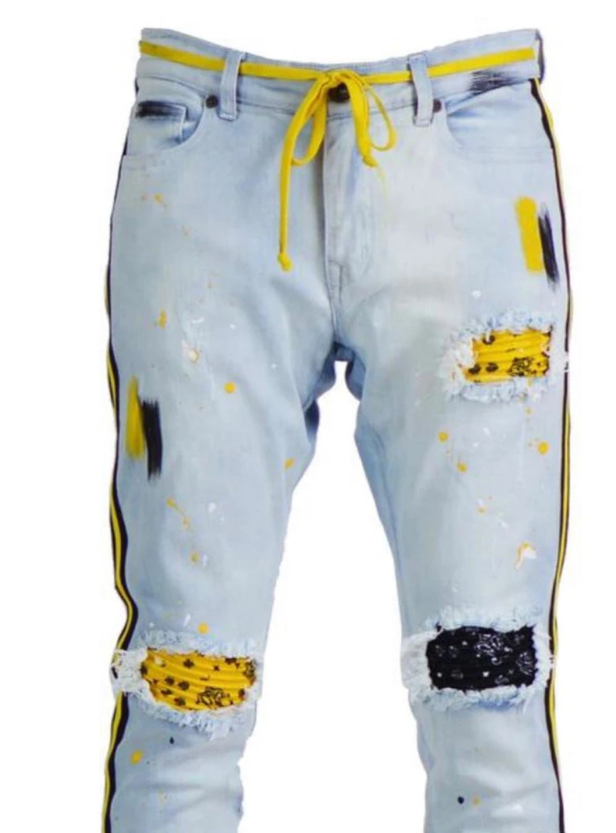 Focus Jeans - Bandana Patches and Stripes - Ice Blue and Yellow - 3185