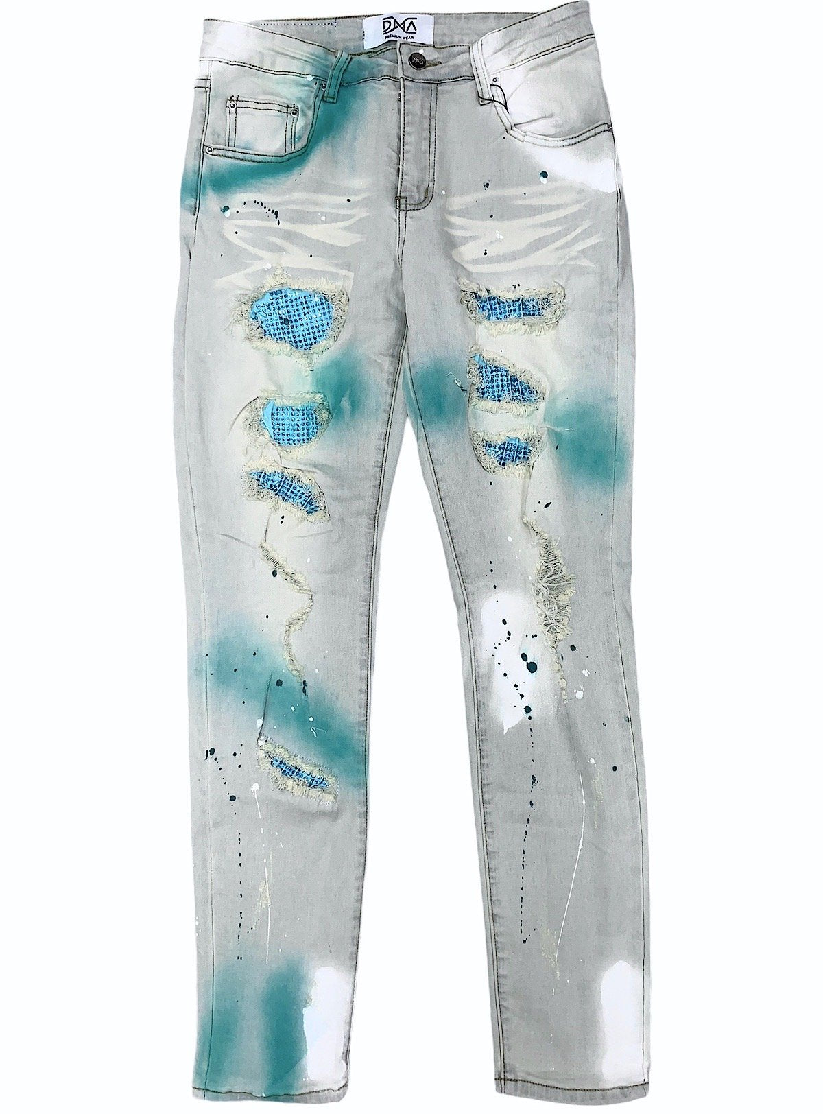 DNA Jeans - Stones And Paint - Light Wash With Green Paint And Teal Stones