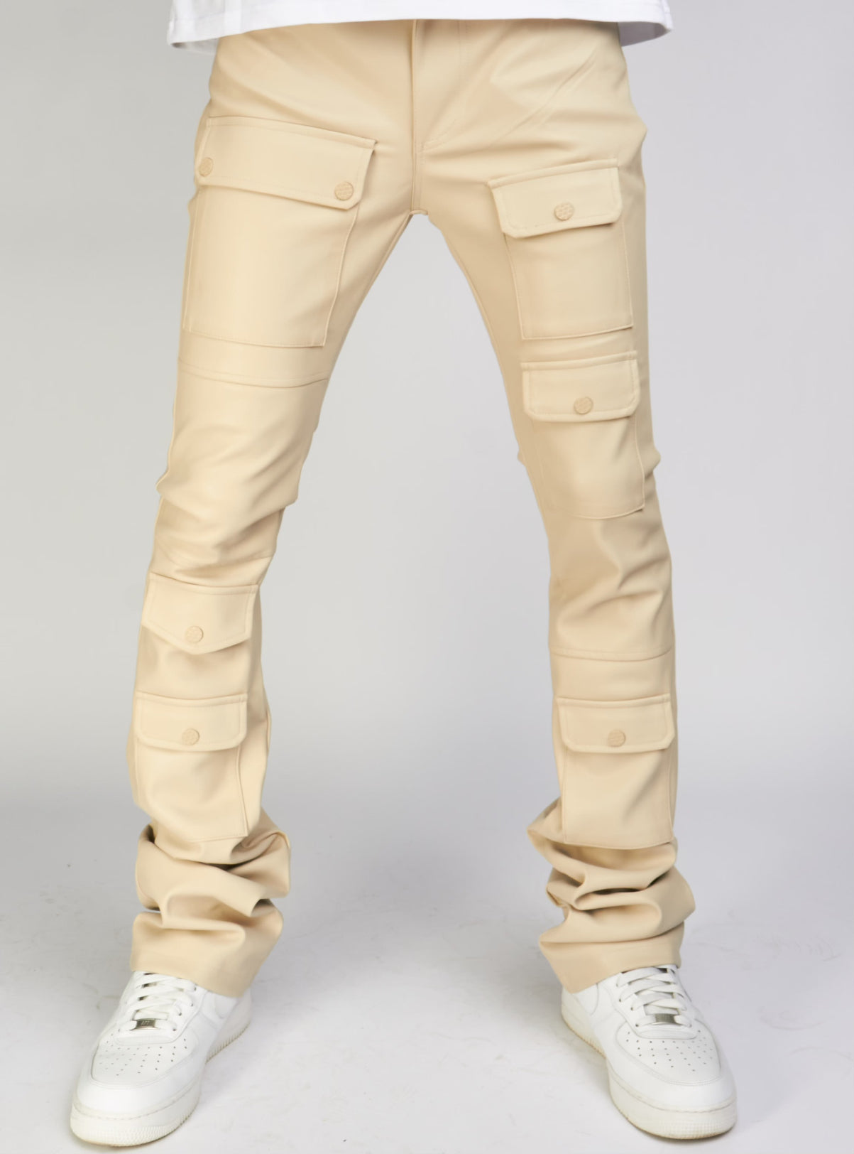 Majestik Leather Pants - PU Pocket Stacked - Beige - DL2351