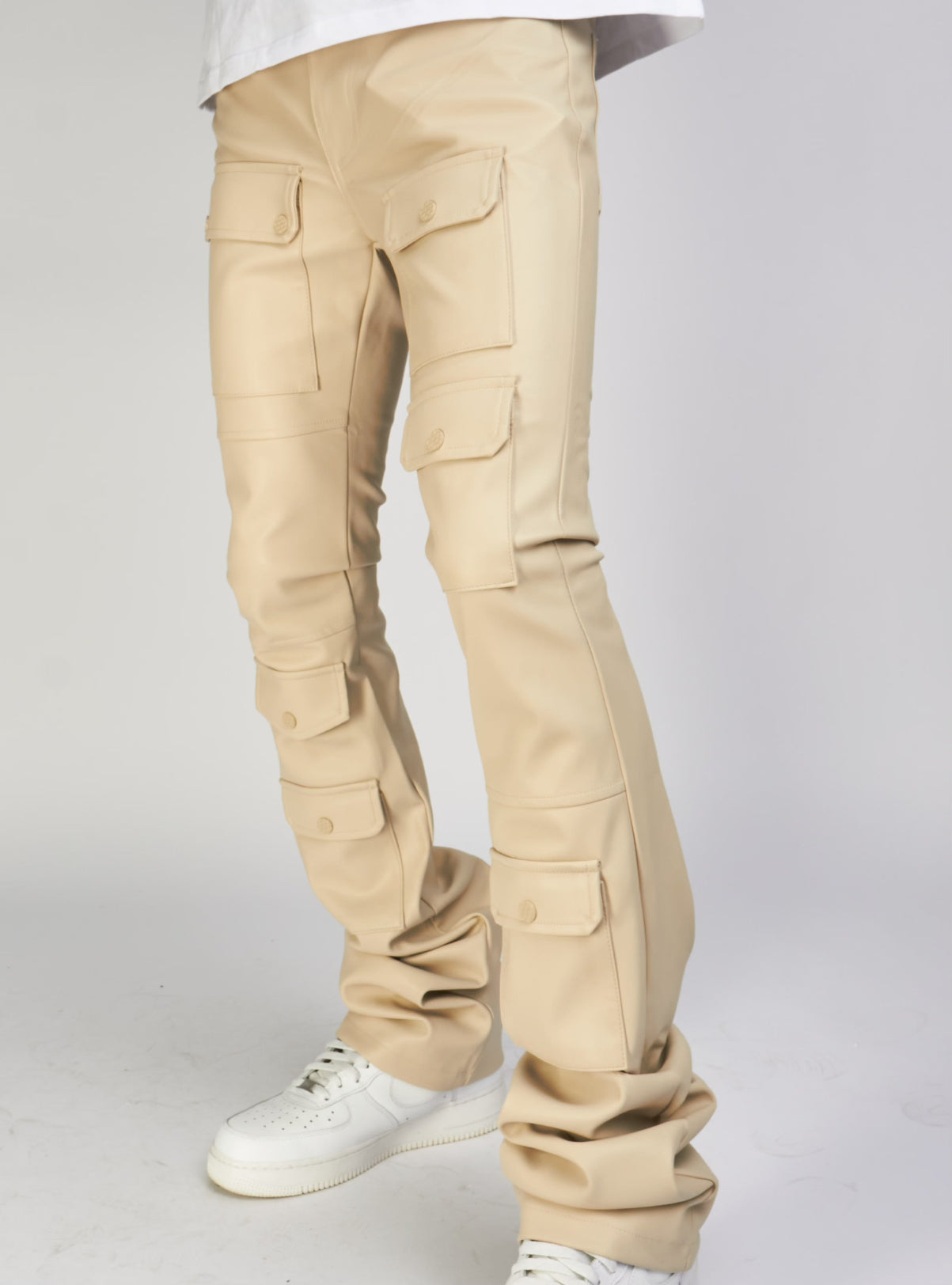 Majestik Leather Pants - PU Pocket Stacked - Beige - DL2351