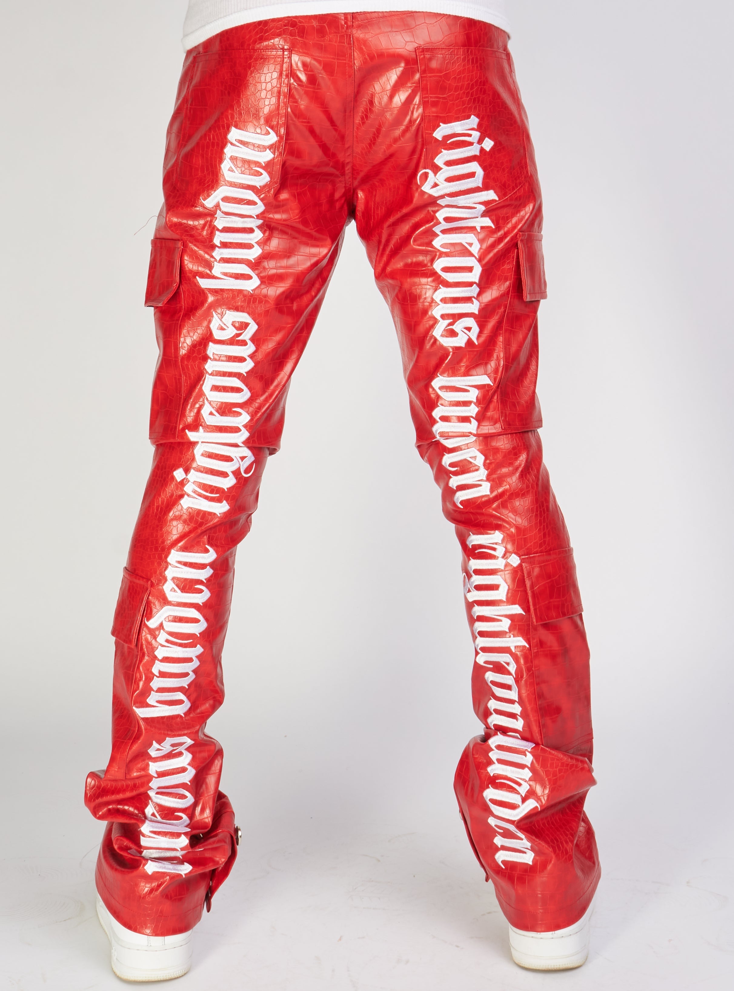 Politics Jeans - Alligator Leather Stacked Flare with Embroidery Harris - Red And White  - 562