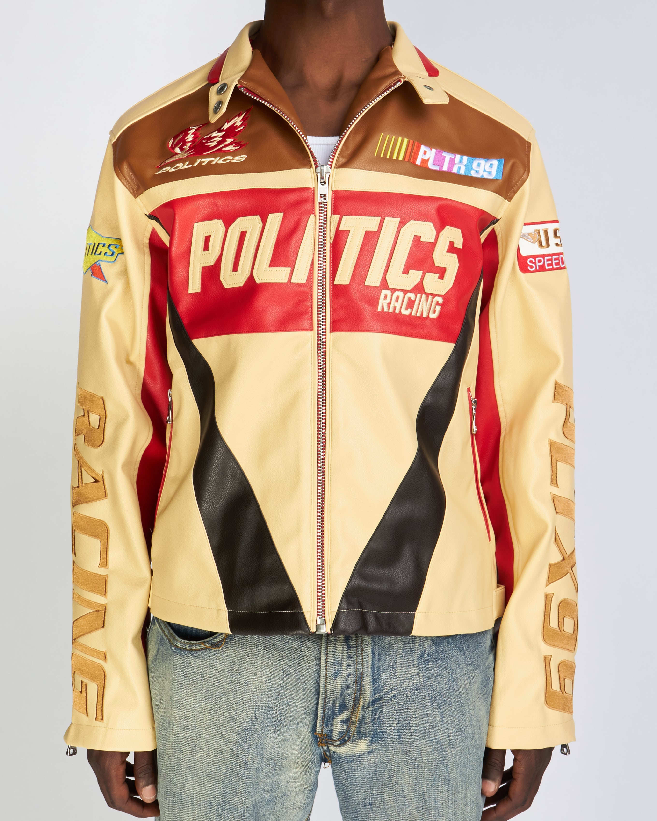 Politics Jacket - Leather Moto Racing - Beloved - Cream And Red  - 574