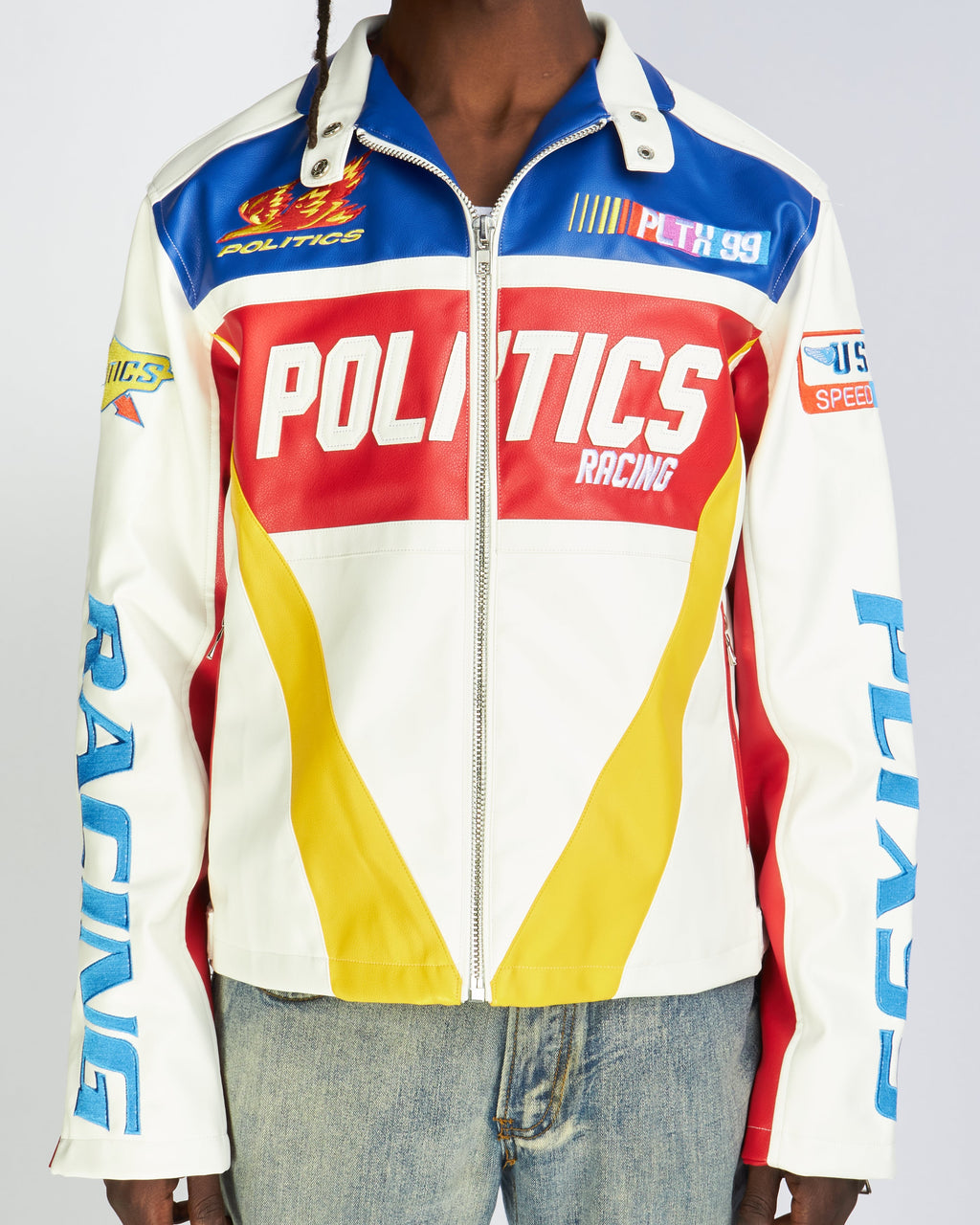 Politics Jacket - Leather Moto Racing - Beloved - White And Blue  - 575