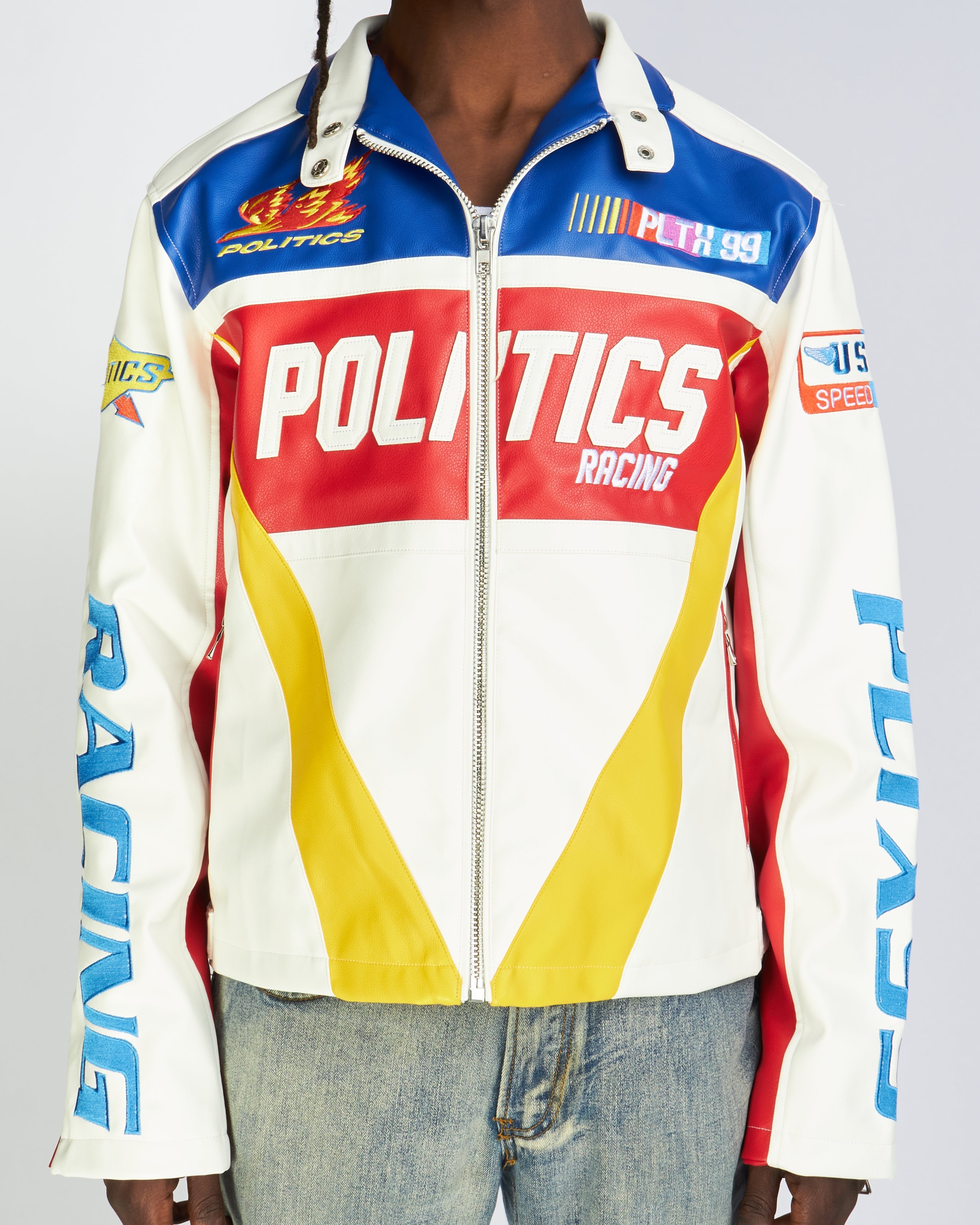 Politics Jacket - Leather Moto Racing - Beloved - White And Blue  - 575