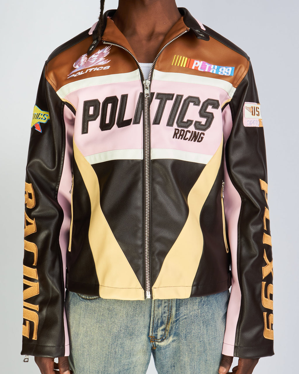Politics Jacket - Leather Moto Racing - Beloved - Brown And Pink  - 573